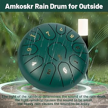 Rain Drum for Outside, 6 Inches 11 Notes Steel Tongue Drum C Major Steel Drum Instrument for Yoga, Meditation, Music Education, Gift(Green)