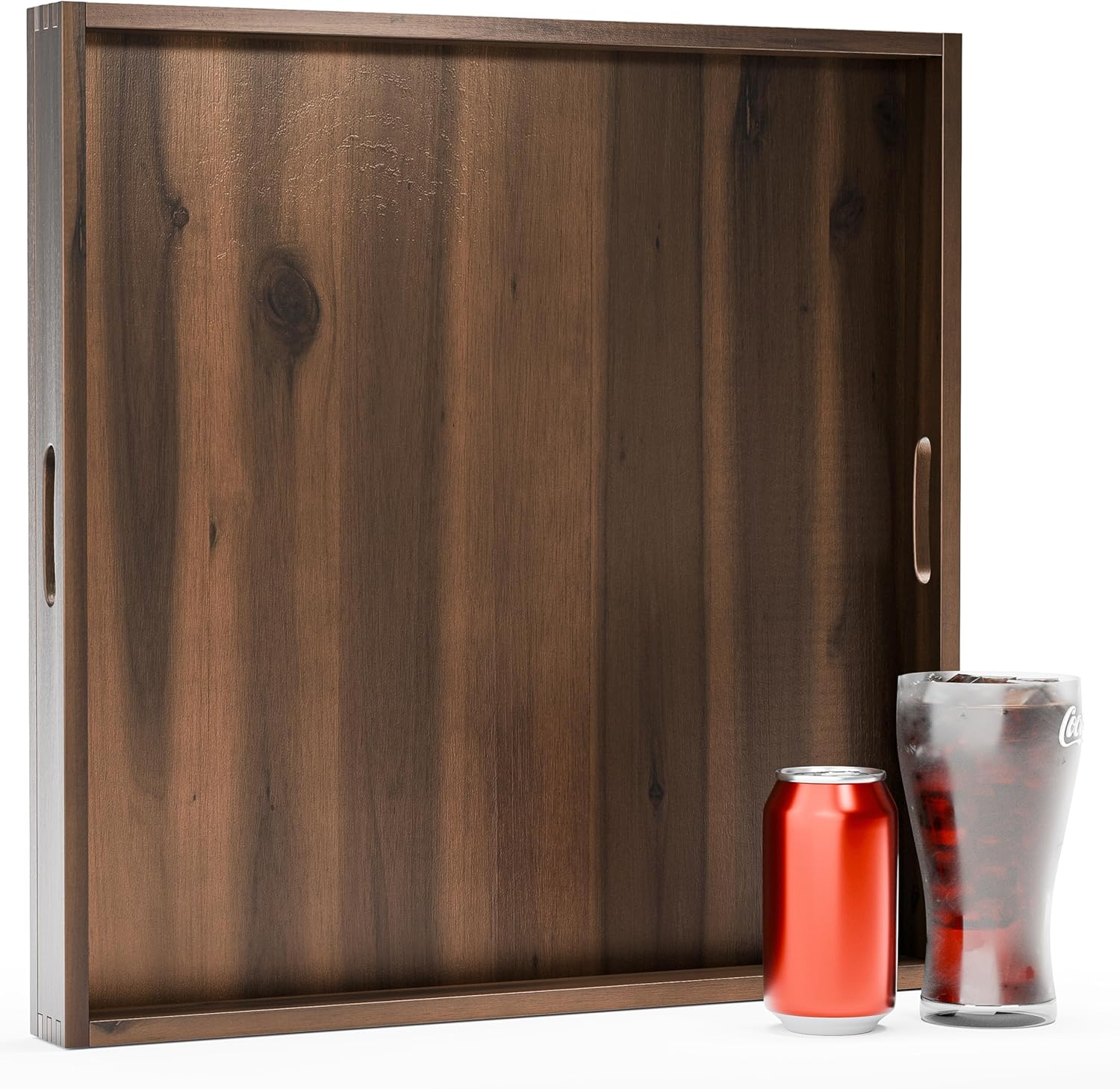 20 Inch Acacia Wood Square Ottoman Tray - Wooden Square Serving Tray with Handles - Extra Large Food Serving Trays for Decorative, Coffee Table, Breakfast in Beds (Walnut Color) 20" x 20" x 2.4" Walnut