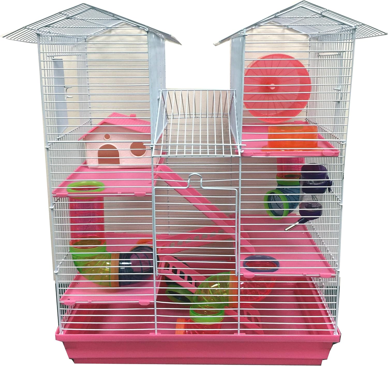 Pink Large Twin Tower 5-Levels Crossing Level Tube Habitat Syrian Hamster Rodent Gerbil Mouse Mice Rat Wire Animal Home Cage with Hide House Exercise Running Wheel Food Bowl Water Bottle Deep Base