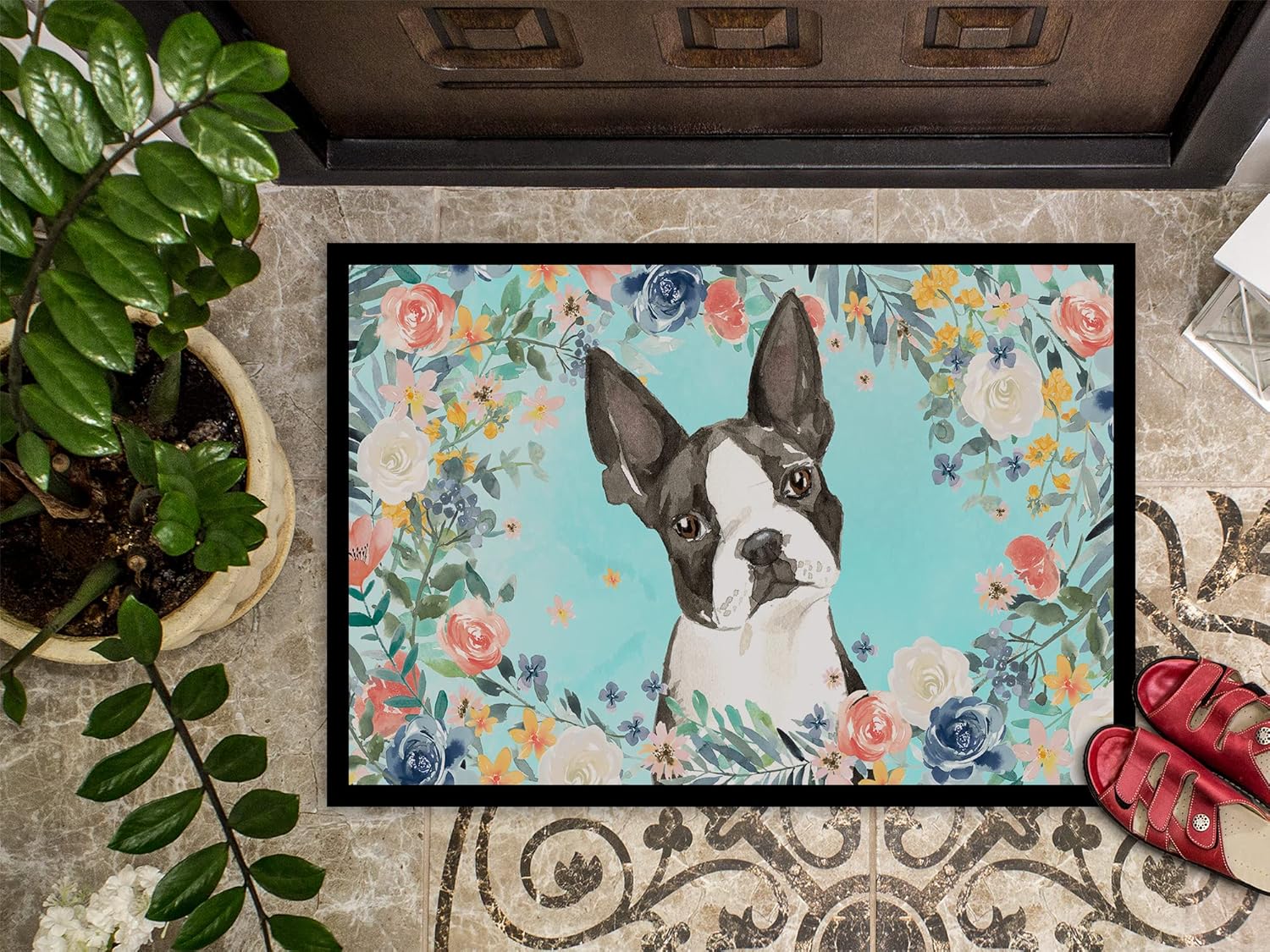 Caroline's Treasures CK3433MAT Boston Terrier Doormat 18x27 Front Door Mat Indoor Outdoor Rugs for Entryway, Non Slip Washable Low Pile, 18H X 27W