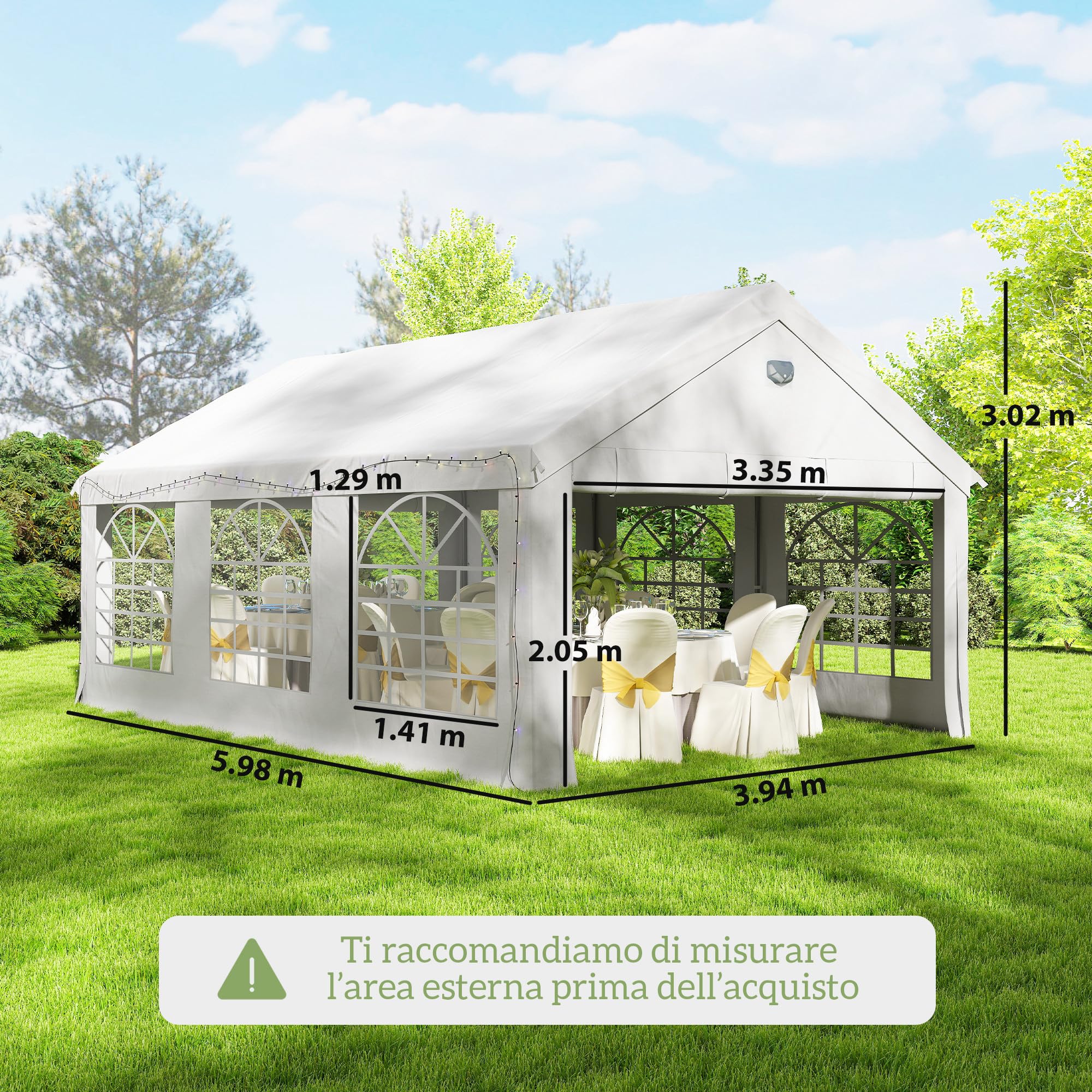 Outsunny Tendone per Feste 4x6 m con Luci LED, Gazebo da Giardino in Acciaio Zincato con Porte a Cerniera, Finestre, Pareti Laterali Rimovibili, Gazebo da Esterno per Matrimoni Eventi Raduni, Bianco