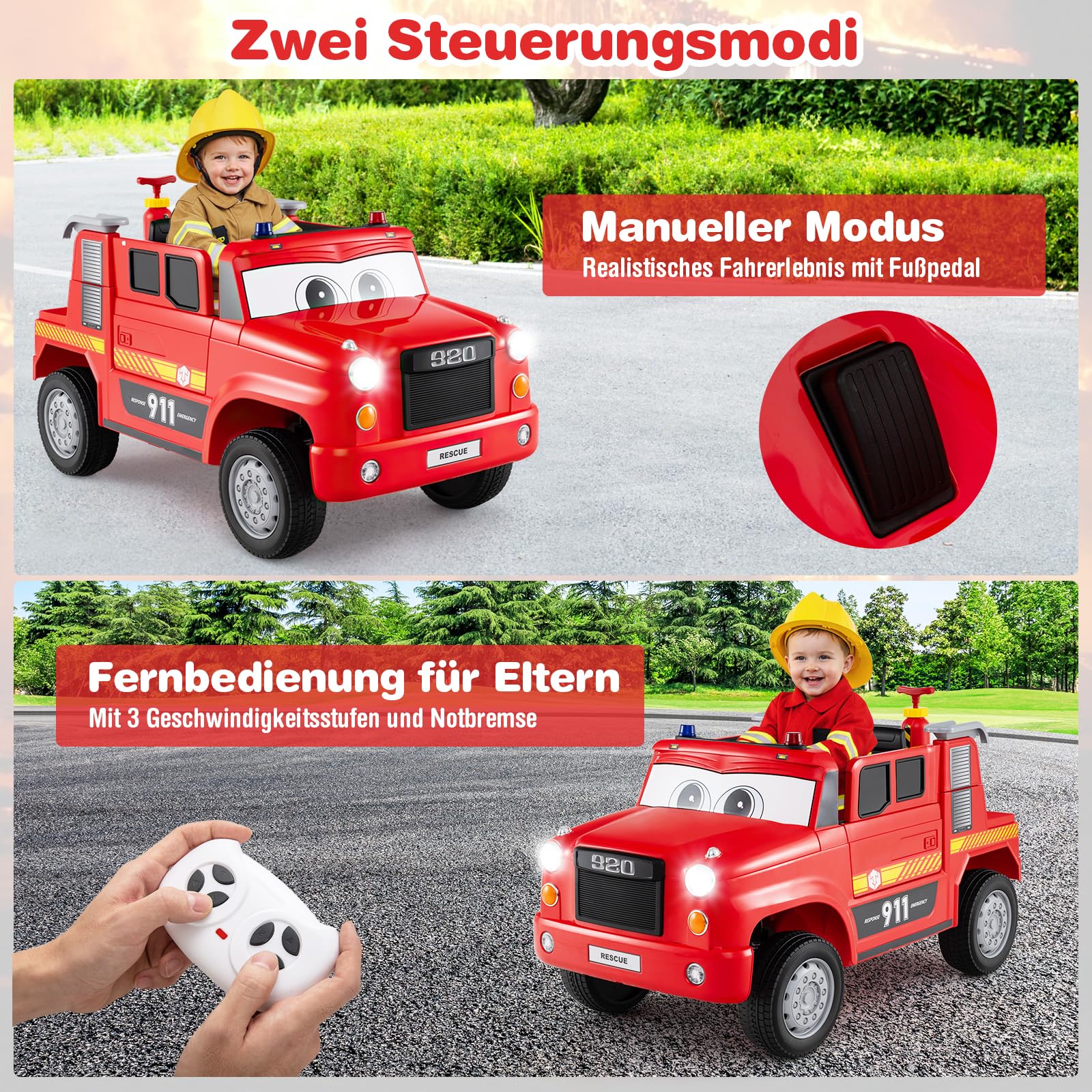 GOPLUS Kinder Elektro-Feuerwehrauto 12V, Elektrofahrzeug Feuerwehr mit Wasserspritze, Musik, Alarm & Lichtern, Kinderfahrzeug mit Fernbedienung & sanftem Anlauf, Kinderauto für Kinder ab 3 Jahre