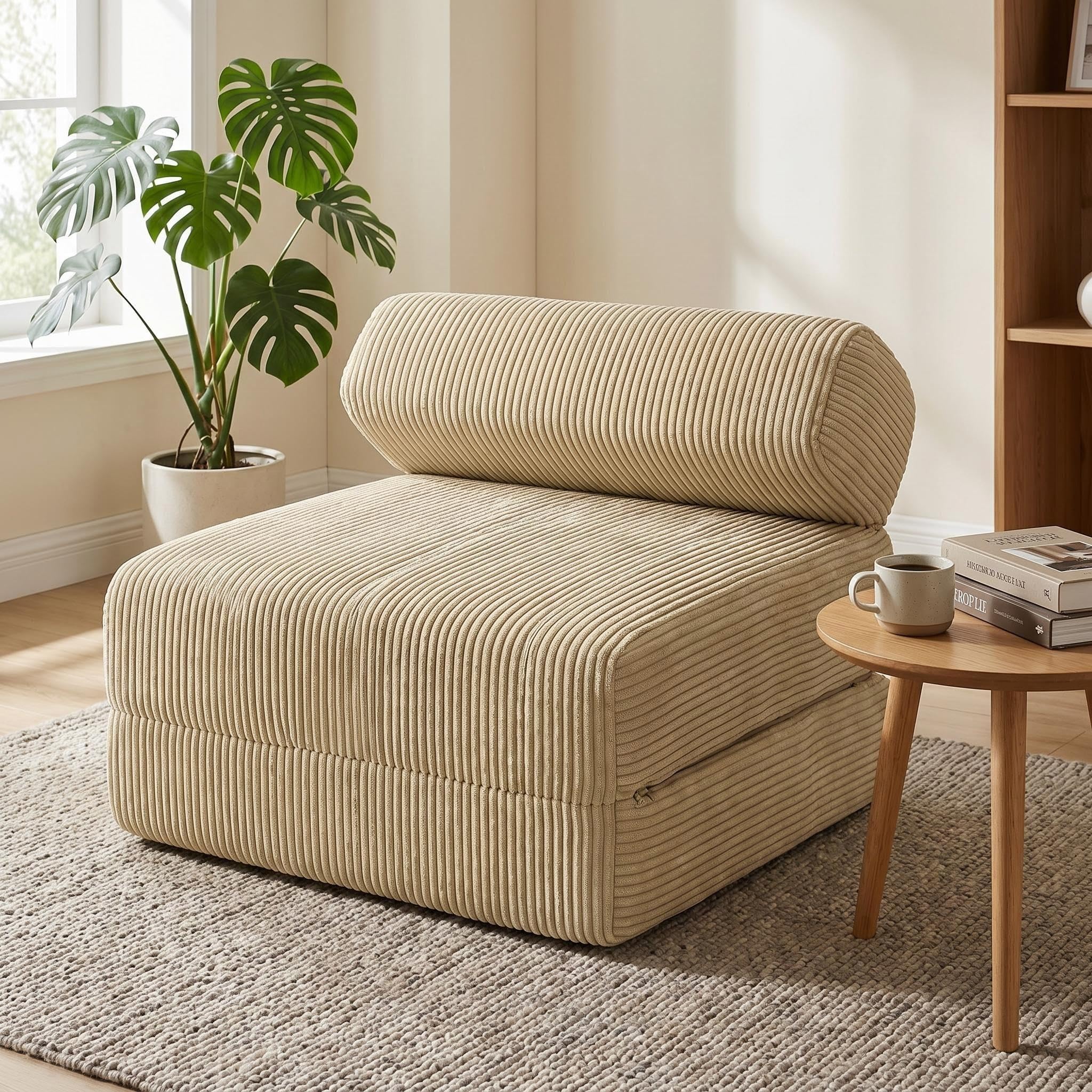 Panana Single Fold Out Z Bed Chair Comfortable Jumbo Cord Fabric Futon Sofa Folding Mattress for Guest Adult Kids (Beige)