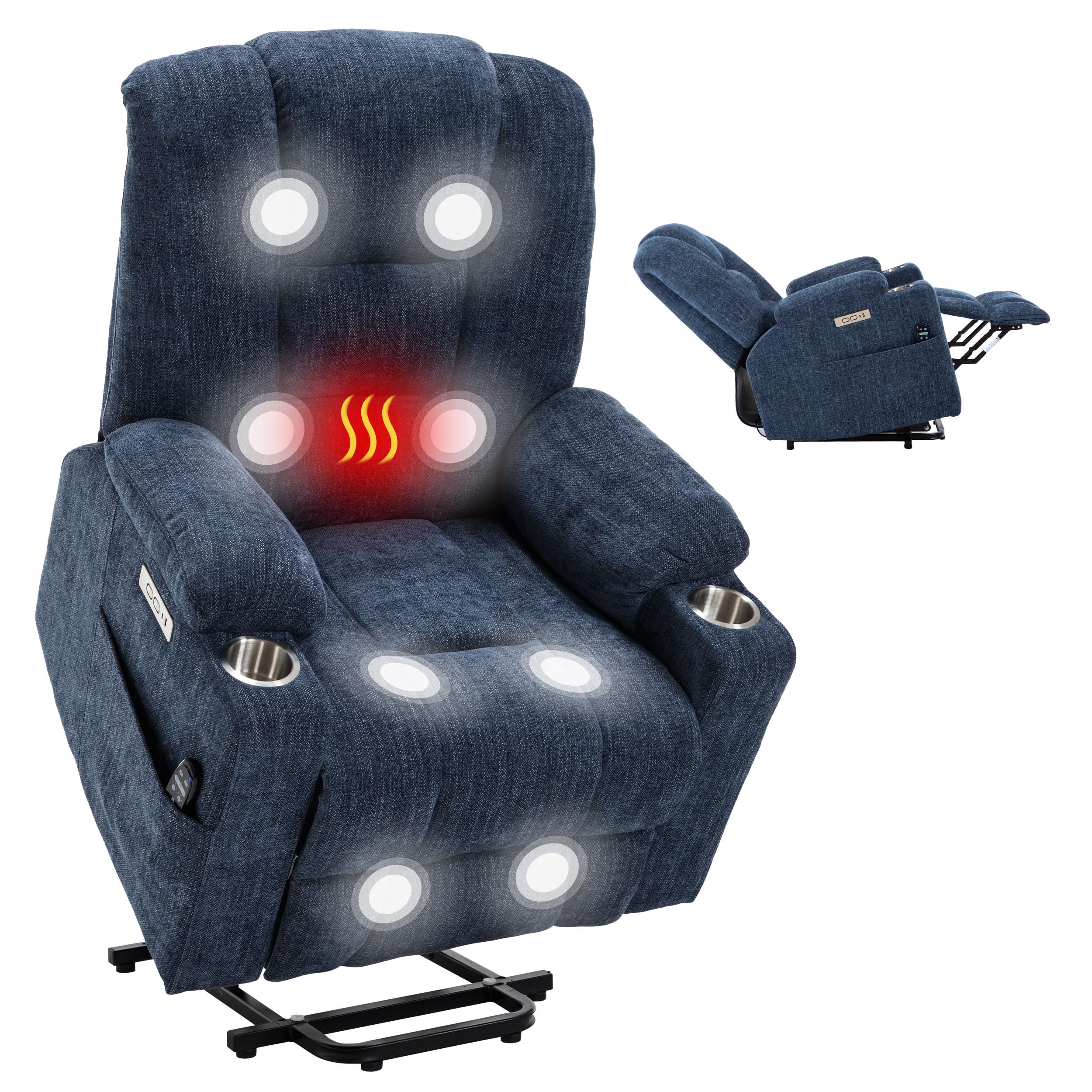 Power Lift Recliner Chair for Elderly, Electric Lift Recliner with Vibration Massage and Lumbar Heating, Single Sofa Reclining Chair with Cup Holders Charging Ports, Chenille Fabric Blue