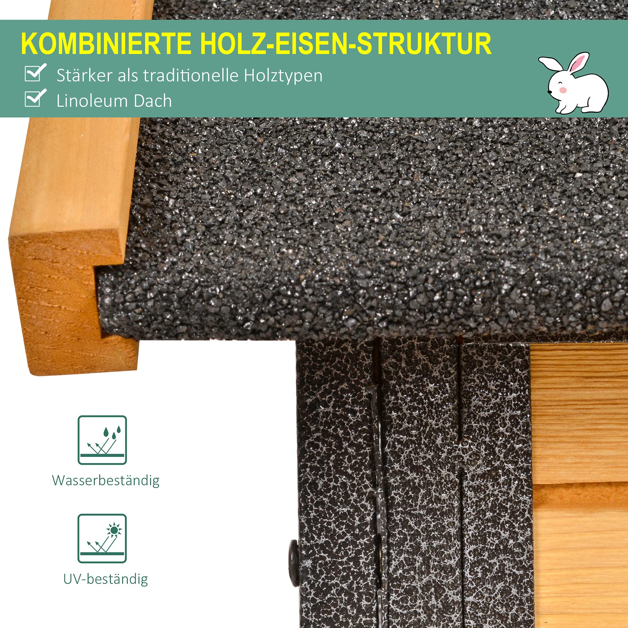 PawHut Kaninchenstall erhöhtes Haustier Haus Kleintierstall mit Freilaufgehege, Abschließbare Tür Outdoor Holz-Metall Hellgelb 122 x 63 x 92 cm