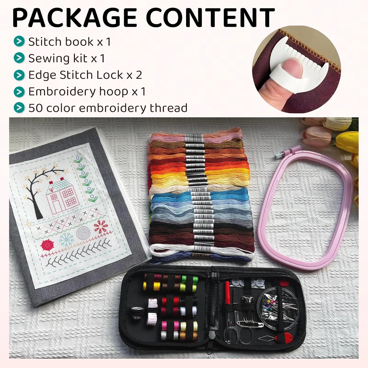 KANBO DIY Stitch Book Set with Edge Sewing Tool, Hand Sewing Book Portable Embroidery Stitch Books, 16 Page Embroidery Books of Stitches for Enthusiasts and Beginners Adult(106 Exquisite Stitches)