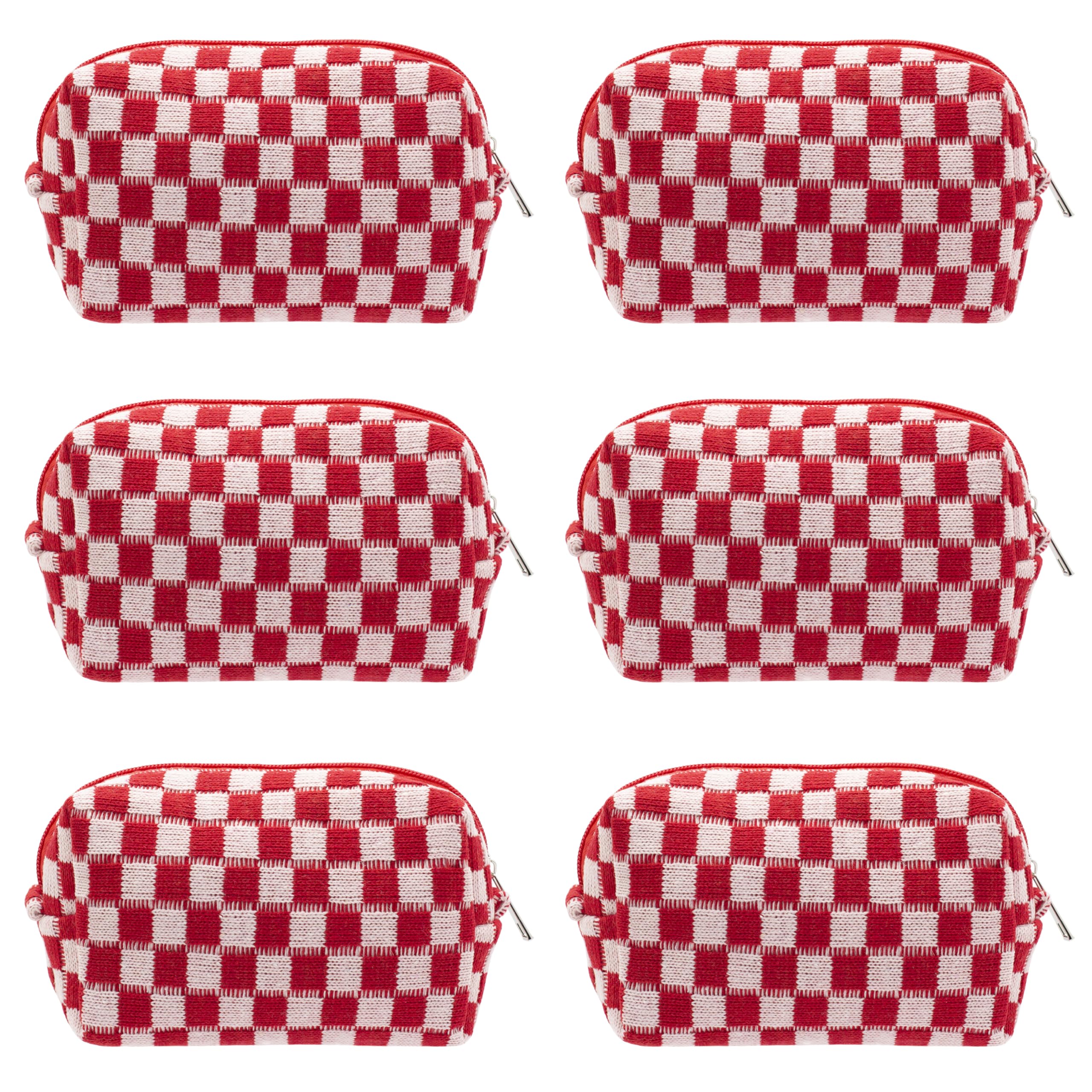 PAZIMIIK Checkered Makeup Bag for Purse Portable Zipper Make Up Pouch Small Cosmetic Case for Travel Accessories (6PCS Red)