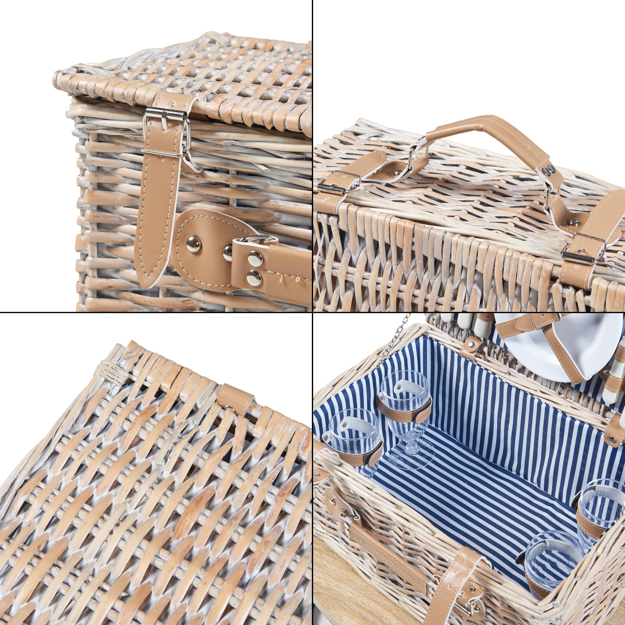casa.pro Juego de Cesta de Pícnic para 4 Personas con Platos Cubiertos Espacio Amplio para Comida Refrescos Forro a Rayas Correas de Polipiel Mimbre 42 x 28 x 20 cm - Blanco/Azul