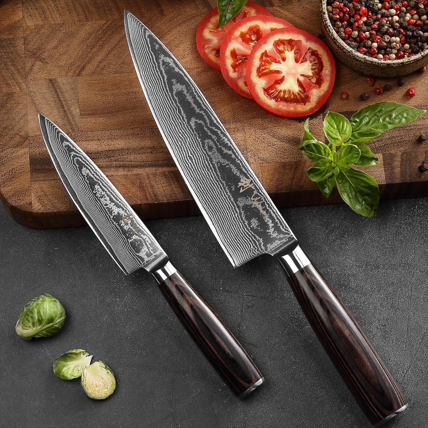 Wakoli EDIB Essentials Santoku Messer Küchenmesser Set (2-teilig) 30 & 24 cm Damastmesser aus 67 Lagen Damaststahl mit Pakkaholzgriff Gemüsemesser inkl. Geschenkbox