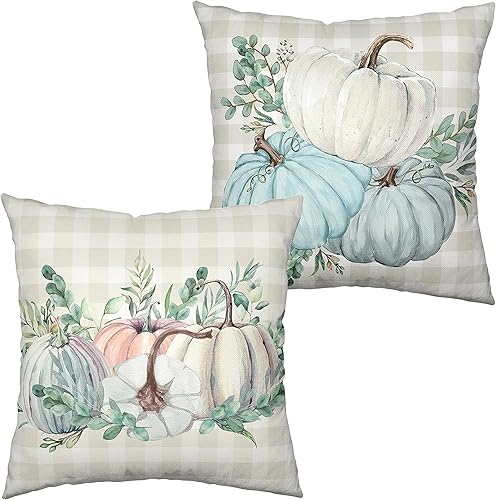 Juego de 2 fundas de almohada otoñales de 18 x 18 pulgadas, diseño de calabaza azul y rosa, fundas de almohada de otoño a cuadros grises, decoración