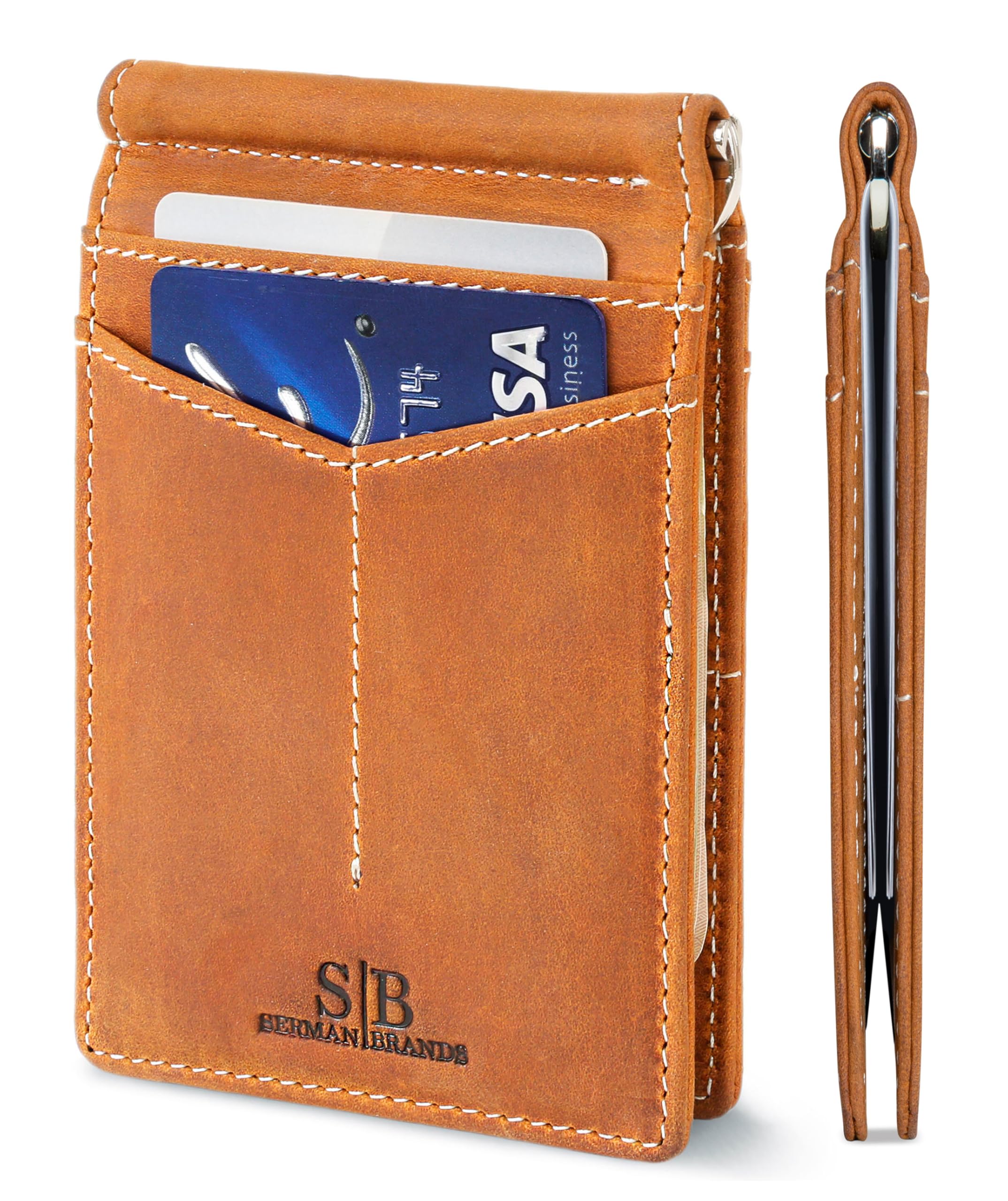 SERMAN BRANDS RFID Blocking Wallet Slim Bifold - Genuine Leather Minimalist Front Pocket Wallets for Men with Money Clip Gift (California Desert)