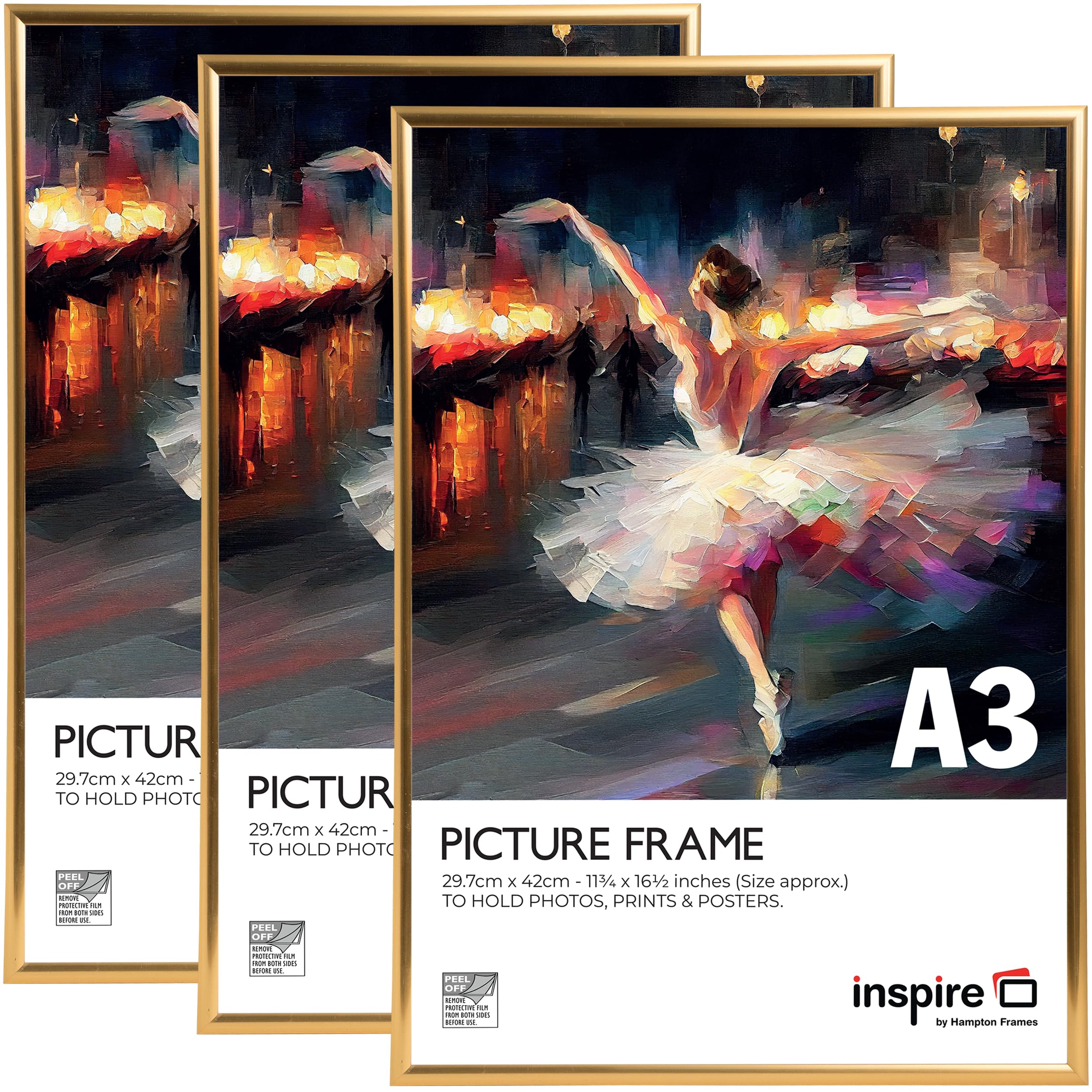 inspire by Hampton Frames BACKLOADER A3 Gold Poster Frame Acrylic (Non-Glass) Pack of 3, A3 (29.7x42cm)