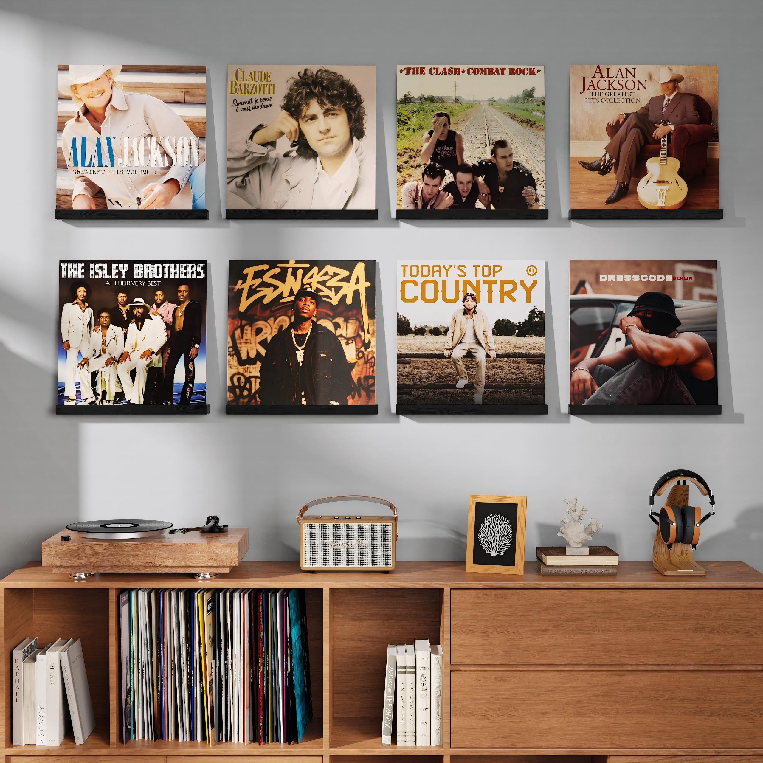 8 Pièces Porte-disques Mural en Bois, Rétro Supports Muraux pour 8 Vinyles, Porte-disques Mural pour Salon de Décoration, Affichage et Stockage, Collections (Noir)