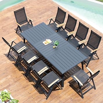 Pellebant 11PCS Outdoor Dining Set for 10, Aluminum Table & Foldable Chair