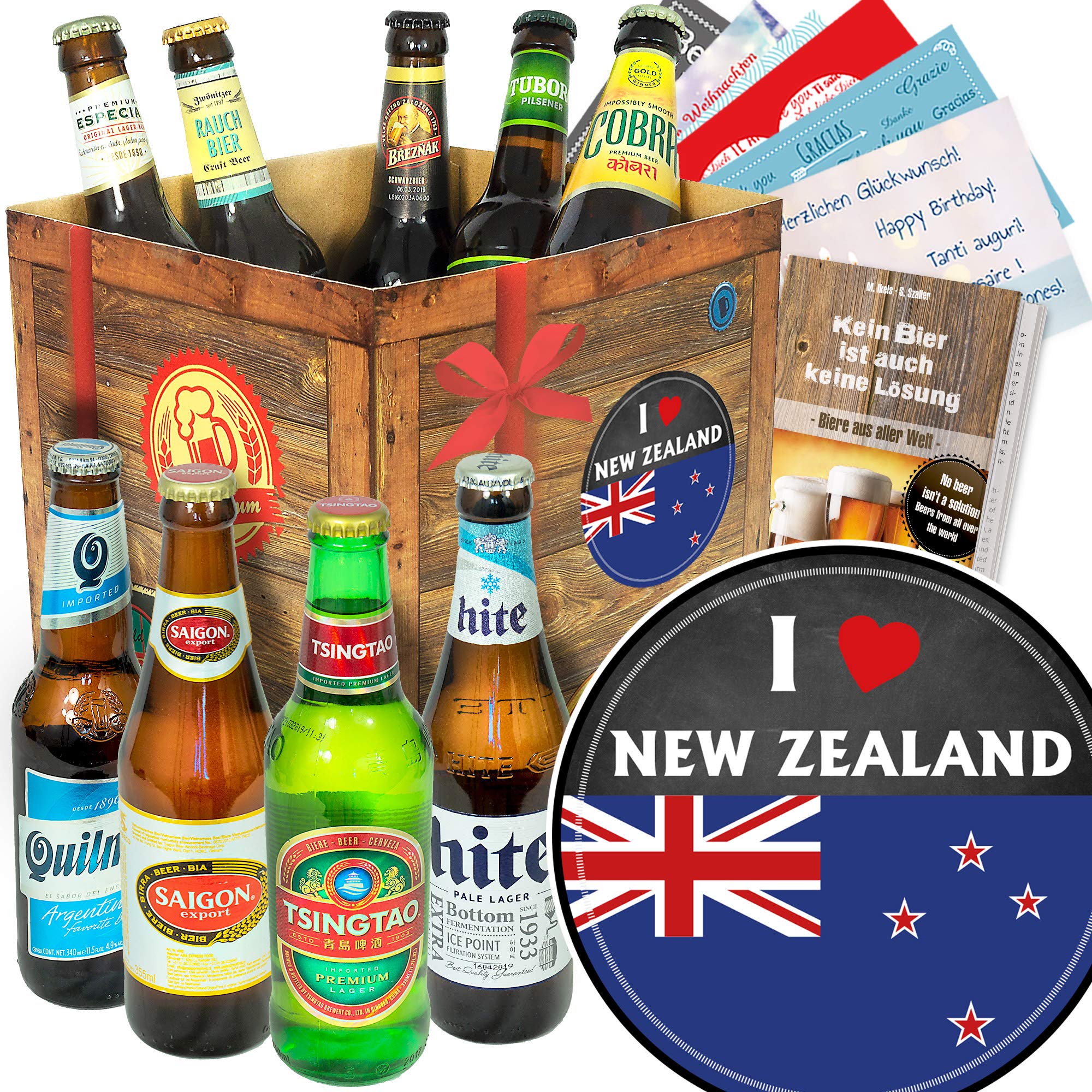 I love New Zealand: Das perfekte Geburtstagsgeschenk – 9er Premium Bier Tasting + Bierbuch + Bewertungsbogen + 6x Geschenkkarten