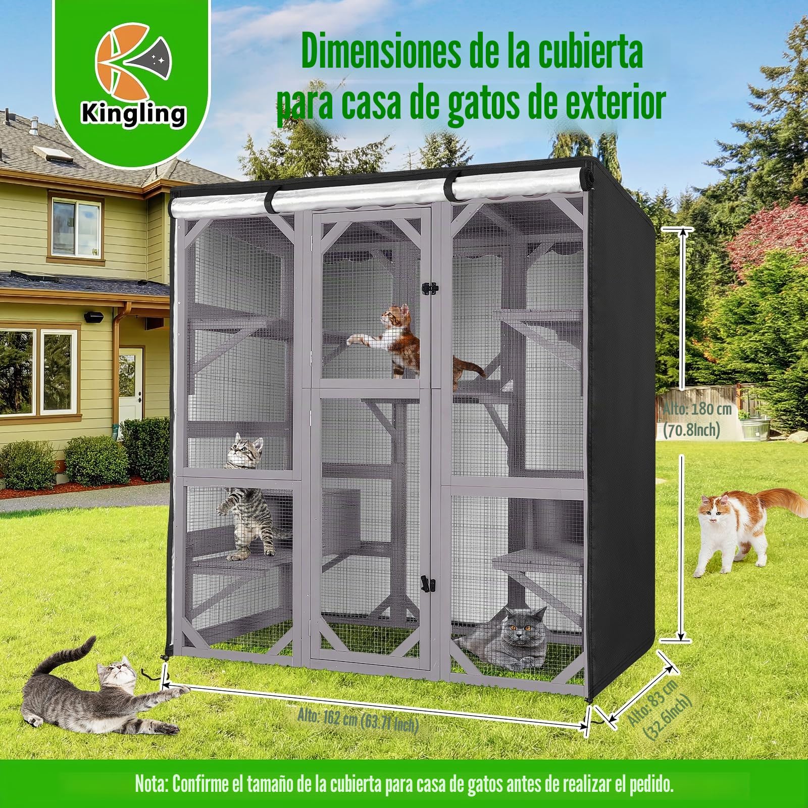 Kingling Funda para casa de gatos al aire libre, cubierta impermeable para jaula de gatos grande, cubierta de recinto para gatos salvajes para casas y condominios (solo funda), negro, 162 x 83 x 180