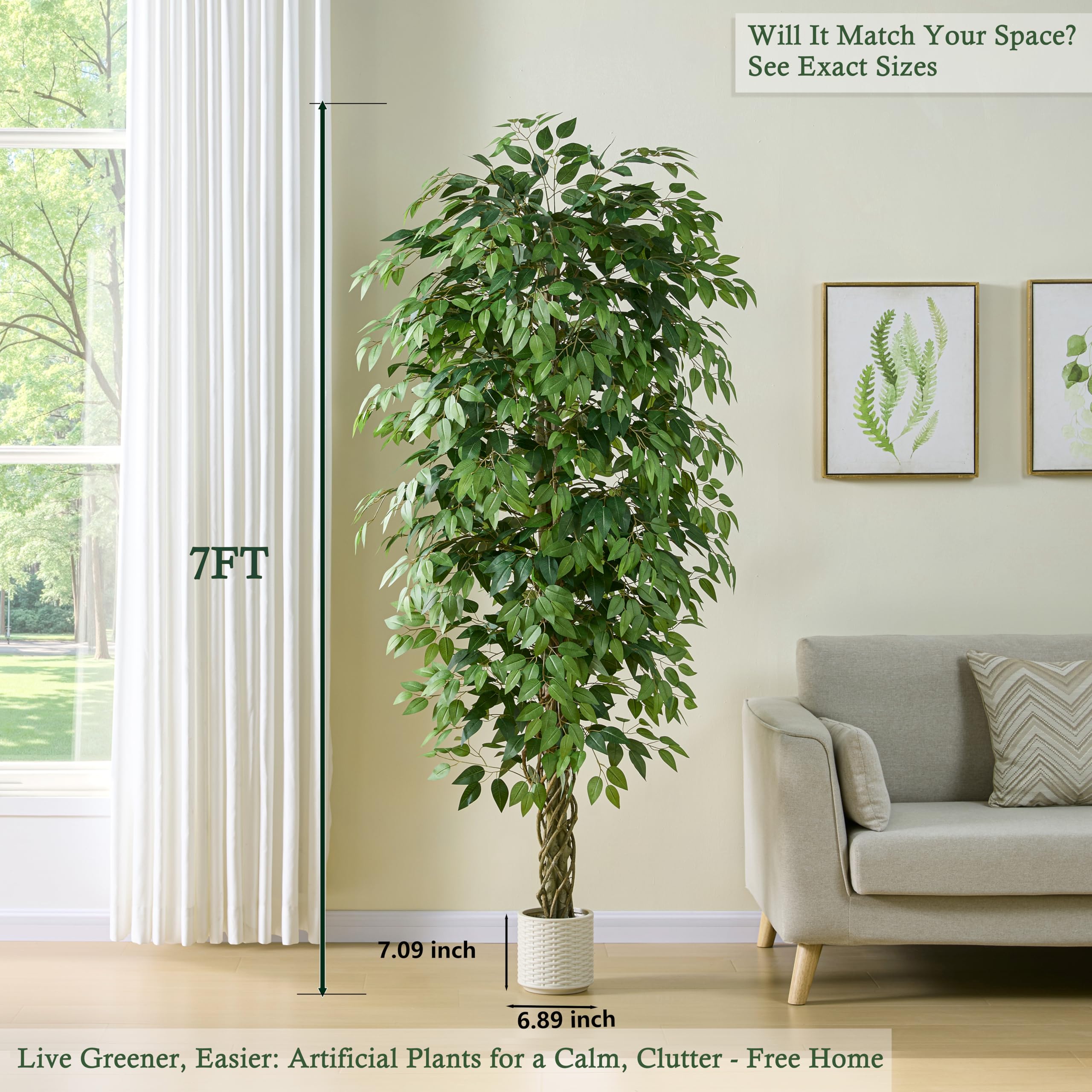 Kunstpflanze Ficus Benjamini 210CM, Künstliche Pflanzen Groß mit Topf, Künstlicher Gefälscht Baum, Künstlichen Ficus für die Esszimmer und Eingangsbereich und Wohnzimmer