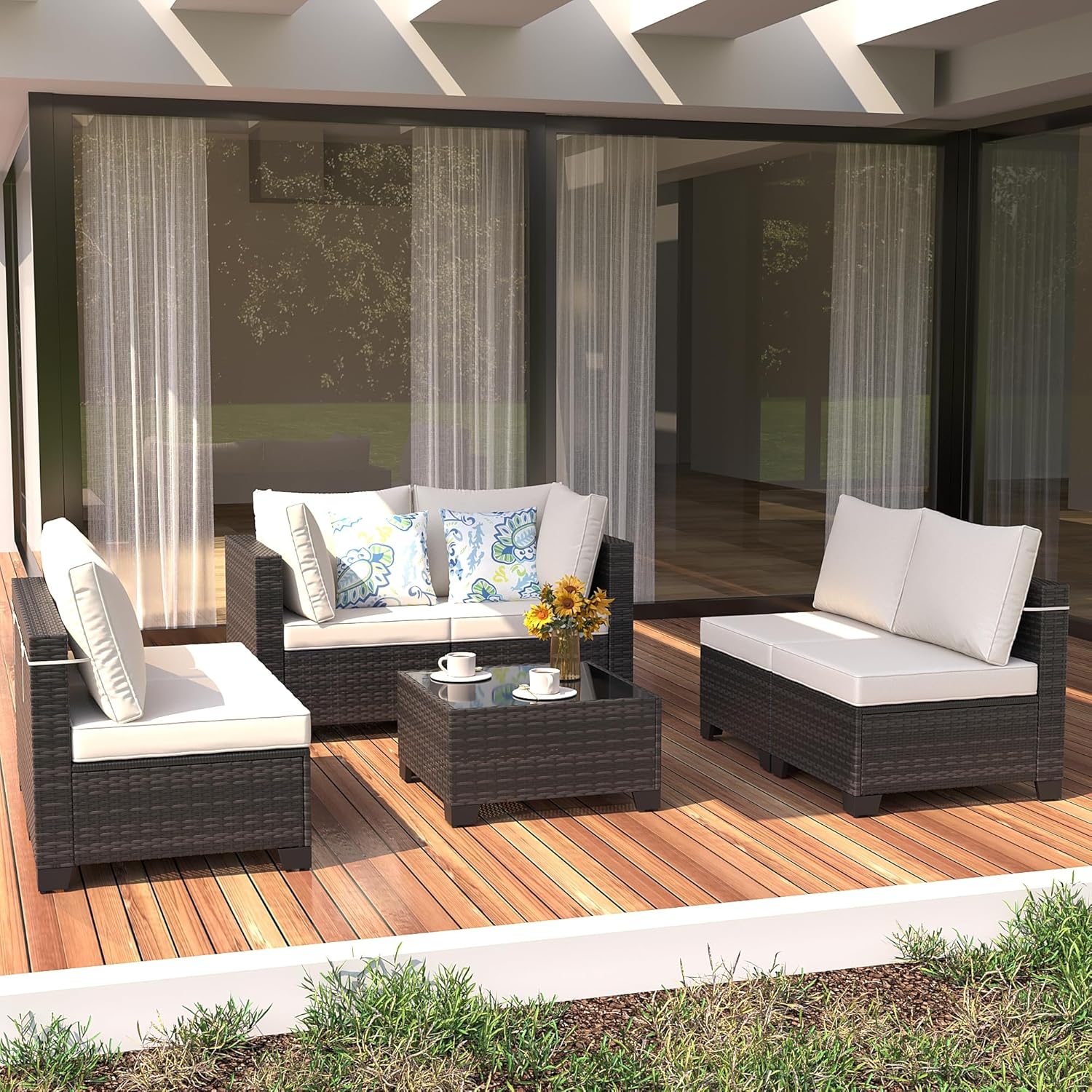 7 Pieces Patio Furniture Set, Outdoor Sectional Rattan Sofa Set, Wicker Patio Conversation Set with Cushions and Glass Coffee Table, for Balcony, Porch, Garden, (Brown/Beige)