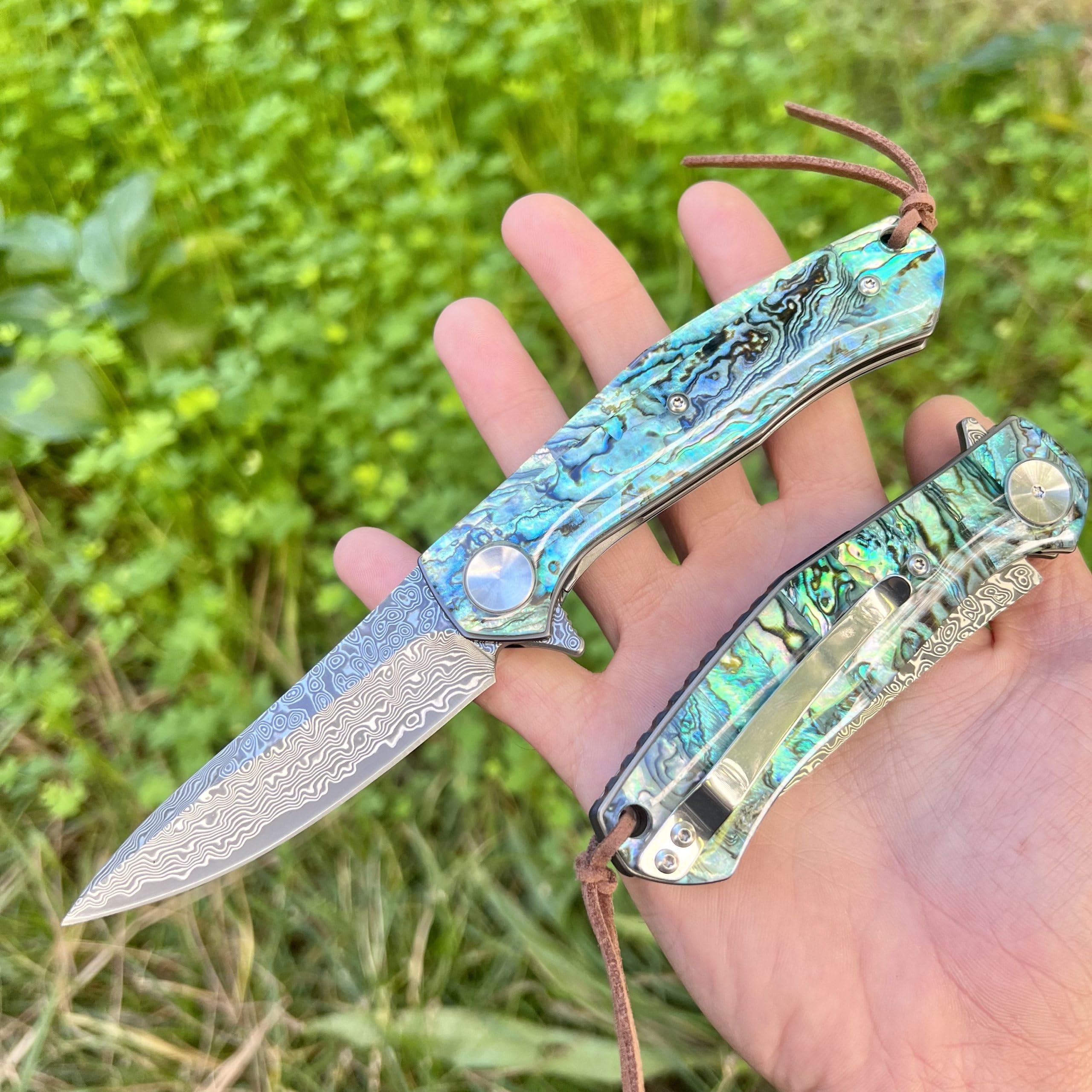 Coltello Pieghevole Tascabile di Lusso in Acciaio Damasco 67 Strati VG10 Lama Affilata Manico in Madreperla Abalone da Collezione Regalo per Uomo EDC Pesca Caccia Artigianato Custom