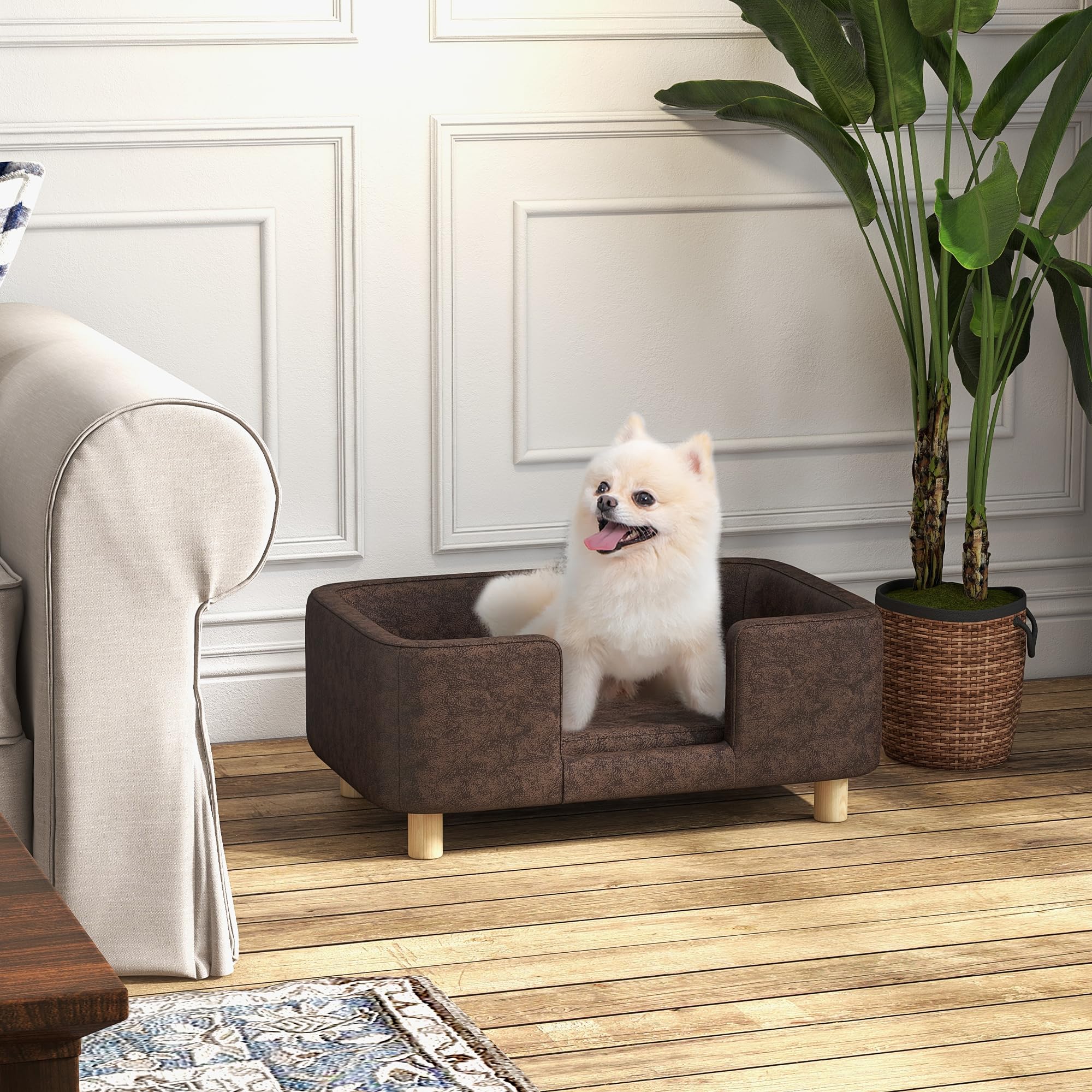 PawHut Canapé Chien lit pour Chien Chat avec Rebord Coussin Moelleux Pieds Bois Massif dim. 74 x 48,5 x 31 cm revêtement Micro-Fibre Chocolat