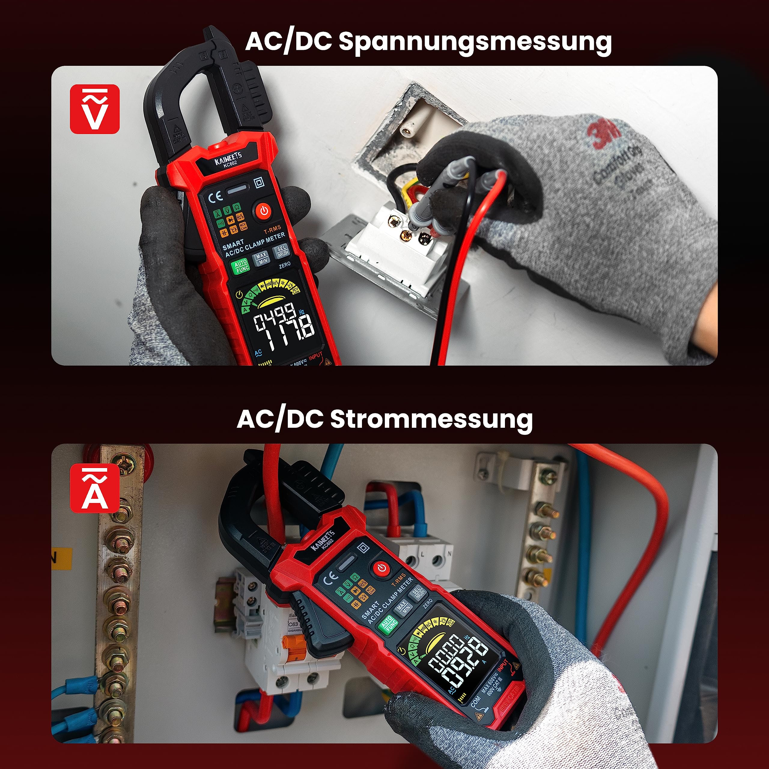 KAIWEETS KC602 Intelligente Stromzange, Strommessgerät AC/DC-Strom:0-600A, Zangenmultimeter mit Automatischer Kalibrierung, True-RMS 6000 Zählungen Auto-Ranging, misst Spannung Kapazität Durchgang.