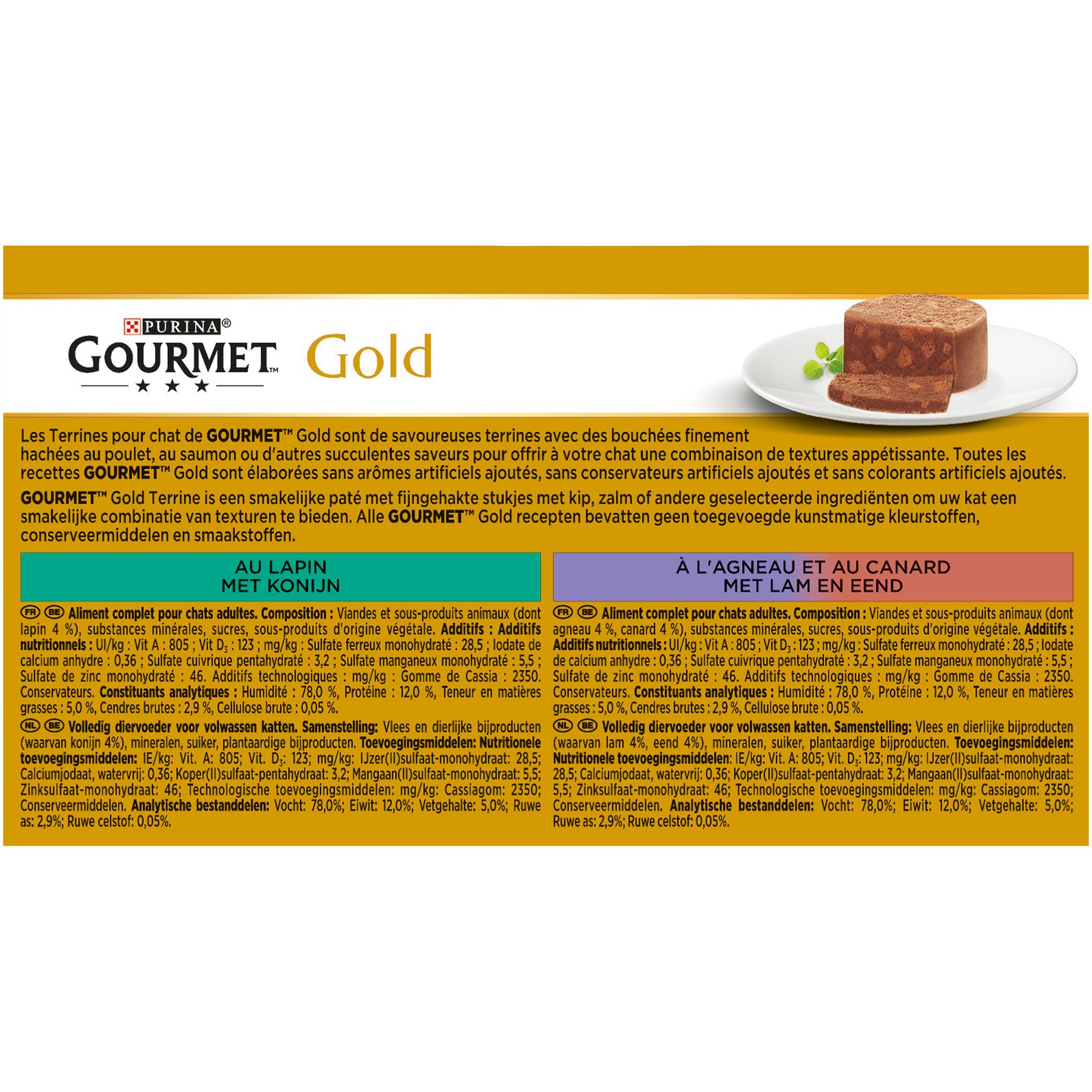 GOURMET - Les Terrines: coniglio, pollo, agnello-anatra, salmone - 4 x 85 g - Confezione da 24