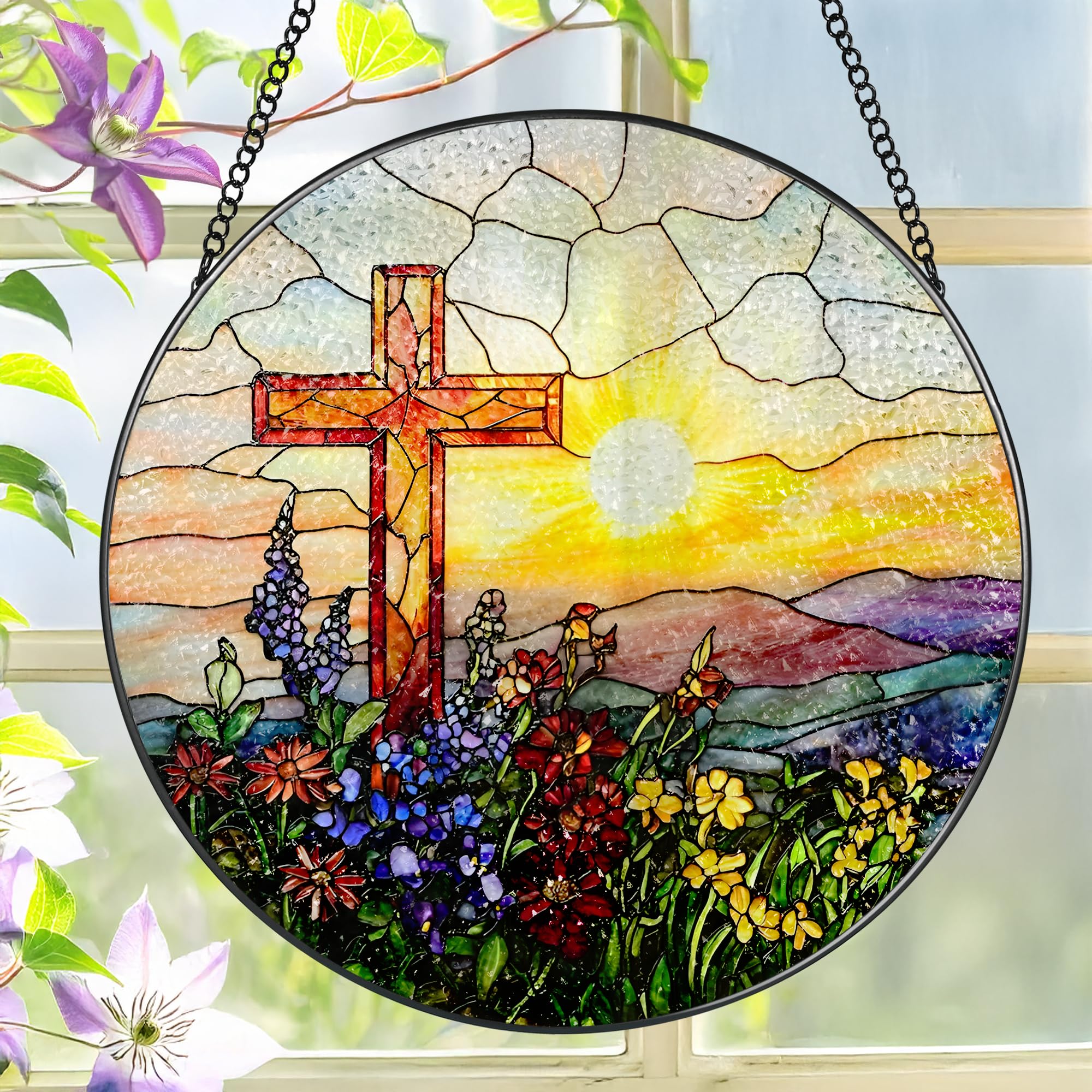 8 Inch Cross Sunset Suncatchers for Windows Hanging, Indoor Decor 8 Inch, Stained Glass Gift, Christian Gifts, Religious Gifts, Christian Cross, Christmas Jesus Gift, Window Decor