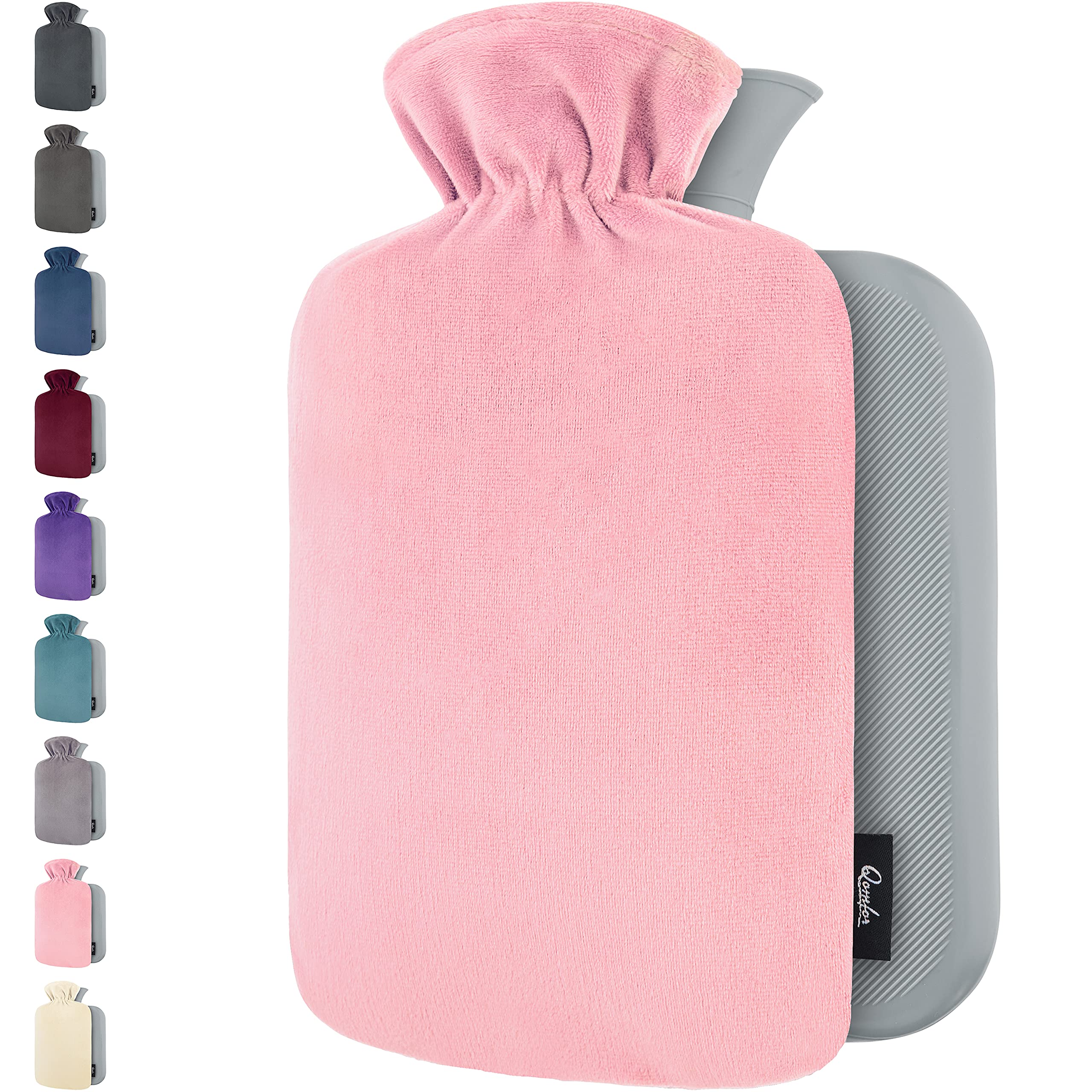 Qomfor Hot Water Bottle with Soft Fleece Cover - 1.8L Large - Premium Hot Water Bag for Pain Relief, Period Cramps, Cozy Nights, Bed Warmer, and Feet