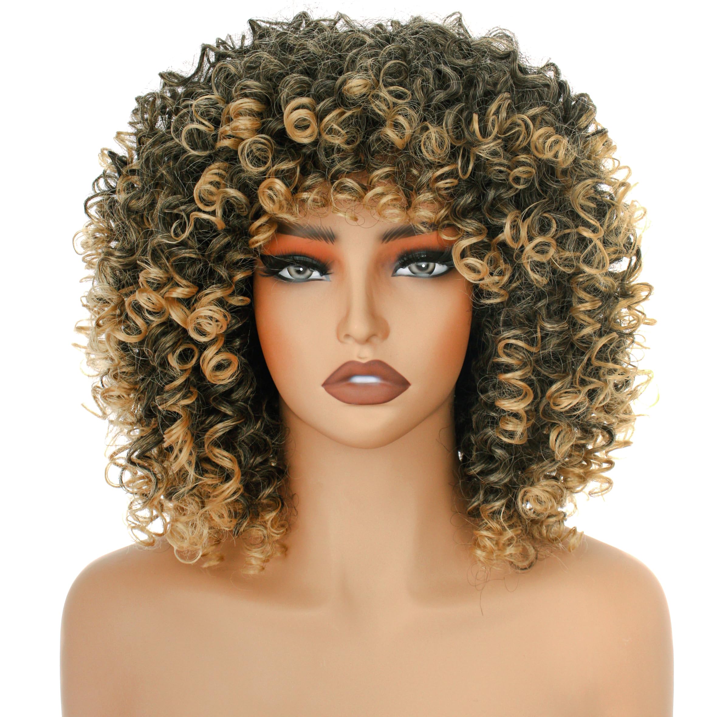 PORSMEER Parrucca afro riccia Ombre biondo capelli sintetici naturali con frangia per le donne lunghezza delle spalle Afro Kinky Curly Bob Wig Volume per donne nere,14 pollici nero mix biondo