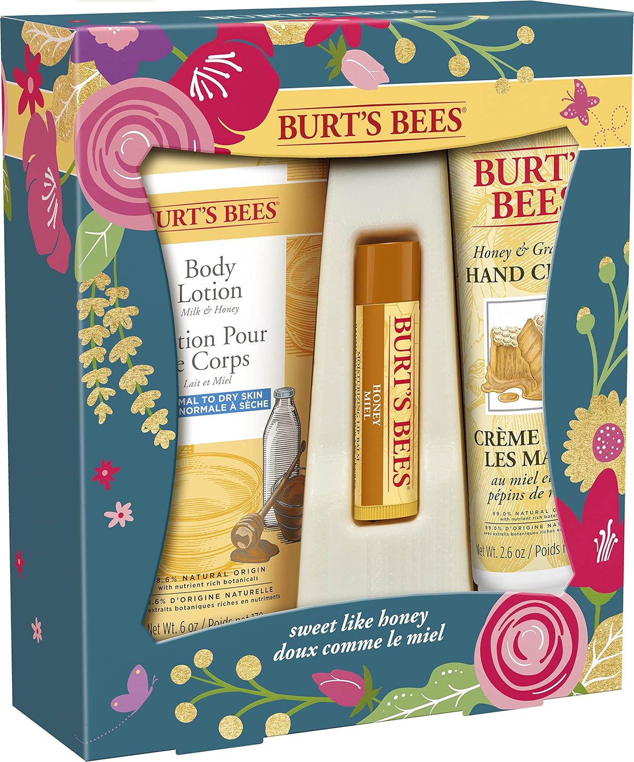 Burt's Bees Gifts, 3 Skincare Products, Sweet Like Honey Spring Set - Honey Lip Balm, Milk and Honey Body Lotion & Honey Grapeseed Hand Cream