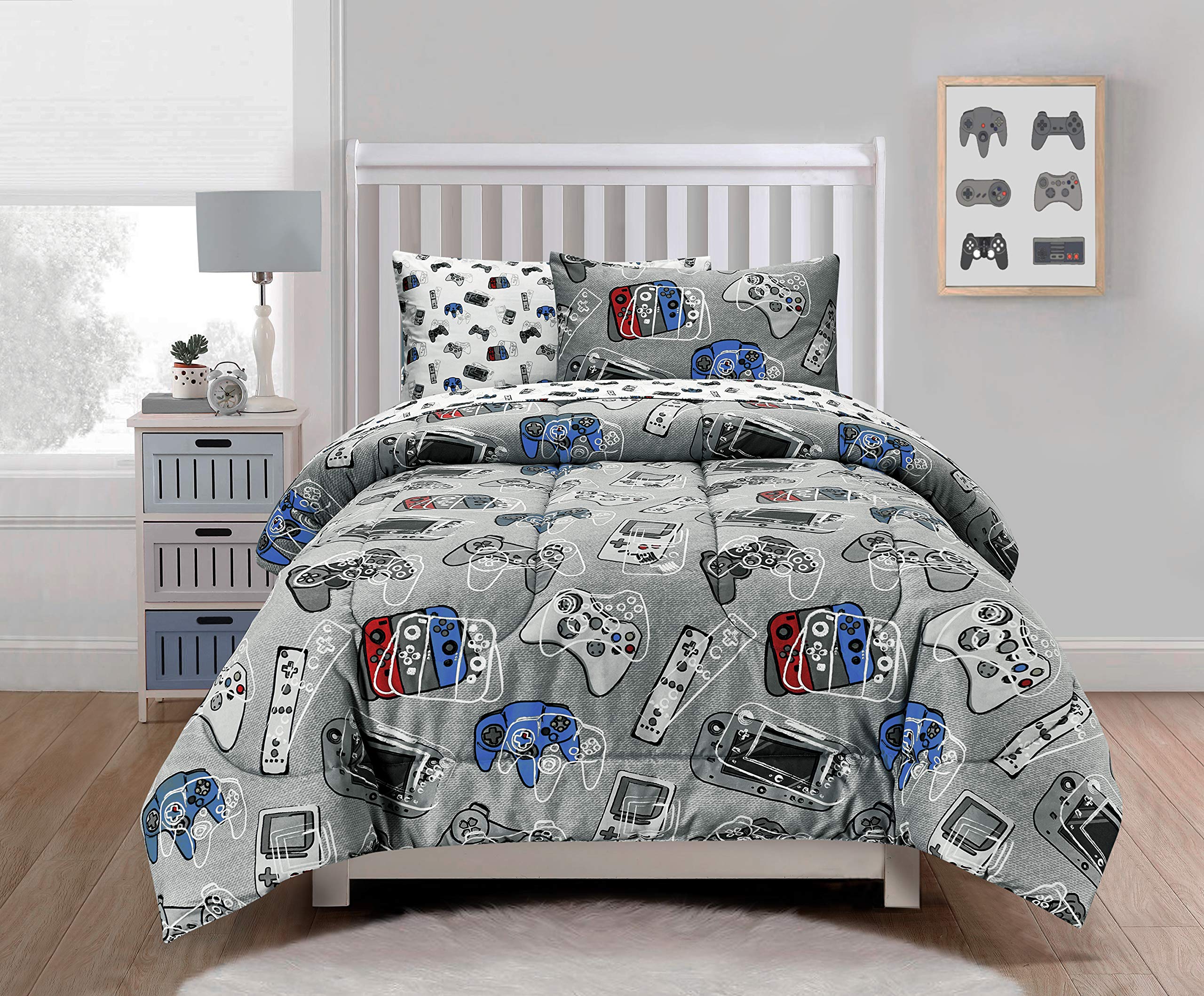 Kids Rule 5 Piece Gamer Glow in The Dark Bedding Set, Game Controllers Print, Blue, Grey - Twin 1