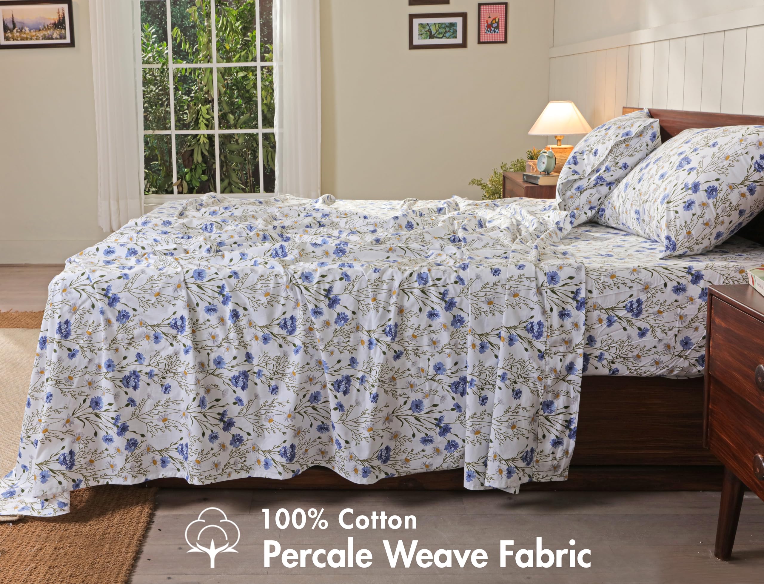 Ruvanti - Set di lenzuola in 100% cotone, per letto king size, 4 pezzi, morbide e traspiranti, tasca profonda 40,6 cm, qualità da hotel, fresche, resistenti, motivo floreale, pisello dolce