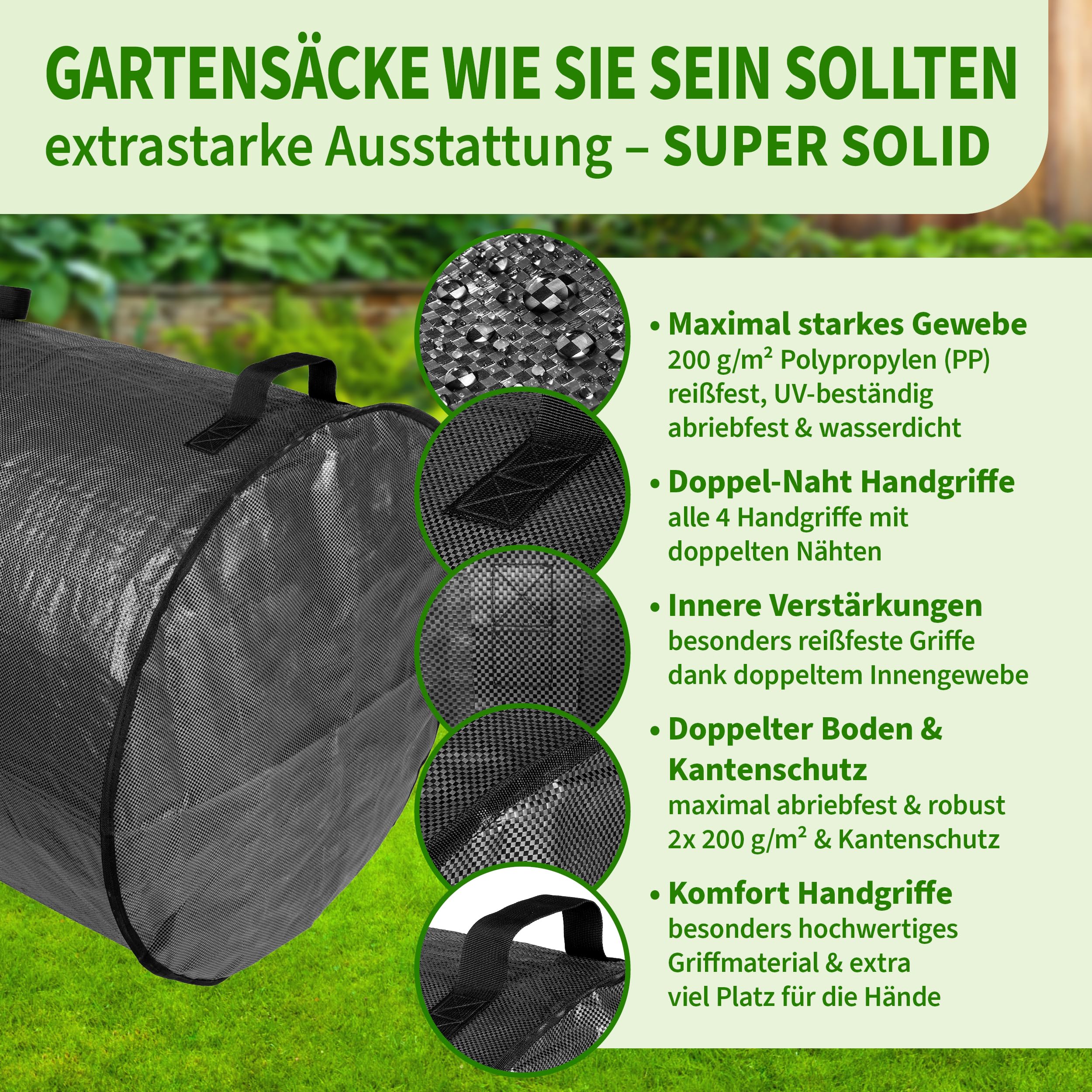 TTL Garden 3x 272L SUPER SOLID Gartensack grau - DOPPELTER BODEN 2x200 gsm extra stabil & reißfest selbststehend 4 Griffe groß robust 3er Set Laubsack Abfallsack für Gras Laub Hecke Gartenabfall