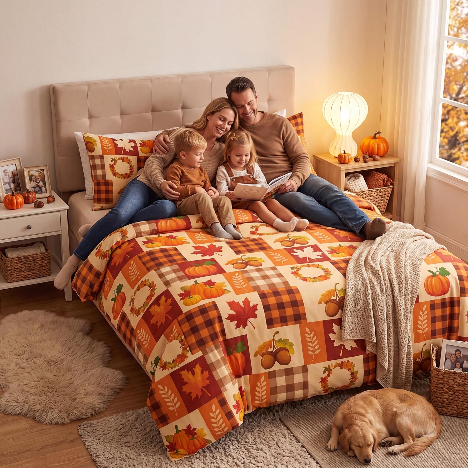 Fanfanwin 3pcs Fall Pumpkin Comforter Set Queen Size with Pillow Case Quilt