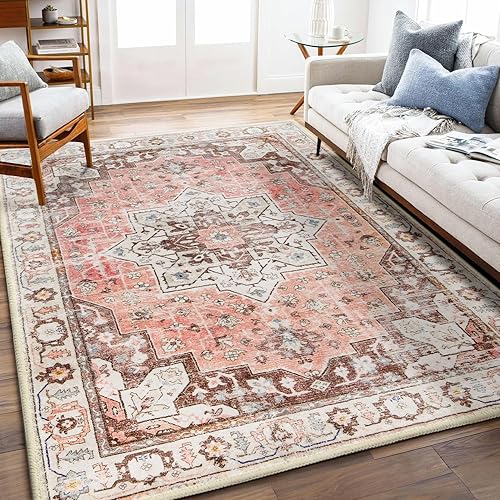 TANVILL Alfombras de área de 5 x 7 pies, color rosa, lavables, bohemias, para sala de estar, dormitorio, comedor, vintage, antideslizante, de pelo