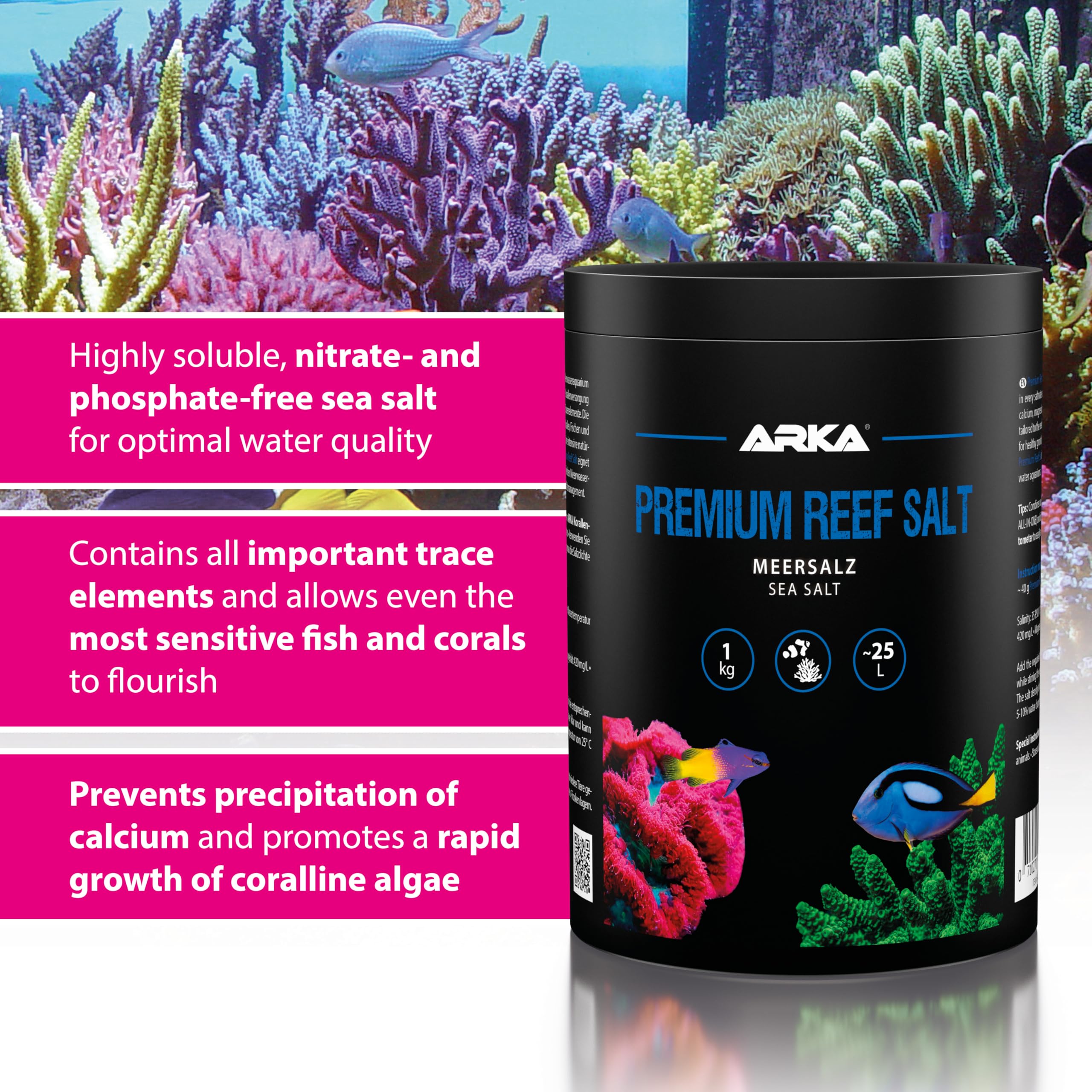 Sale marino 1 kg – ARKA Premium Reef Salt – sale sintetico per acquario marino – stimola la crescita dei coralli e i colori – si scioglie rapidamente, senza fosfati – parametri stabili