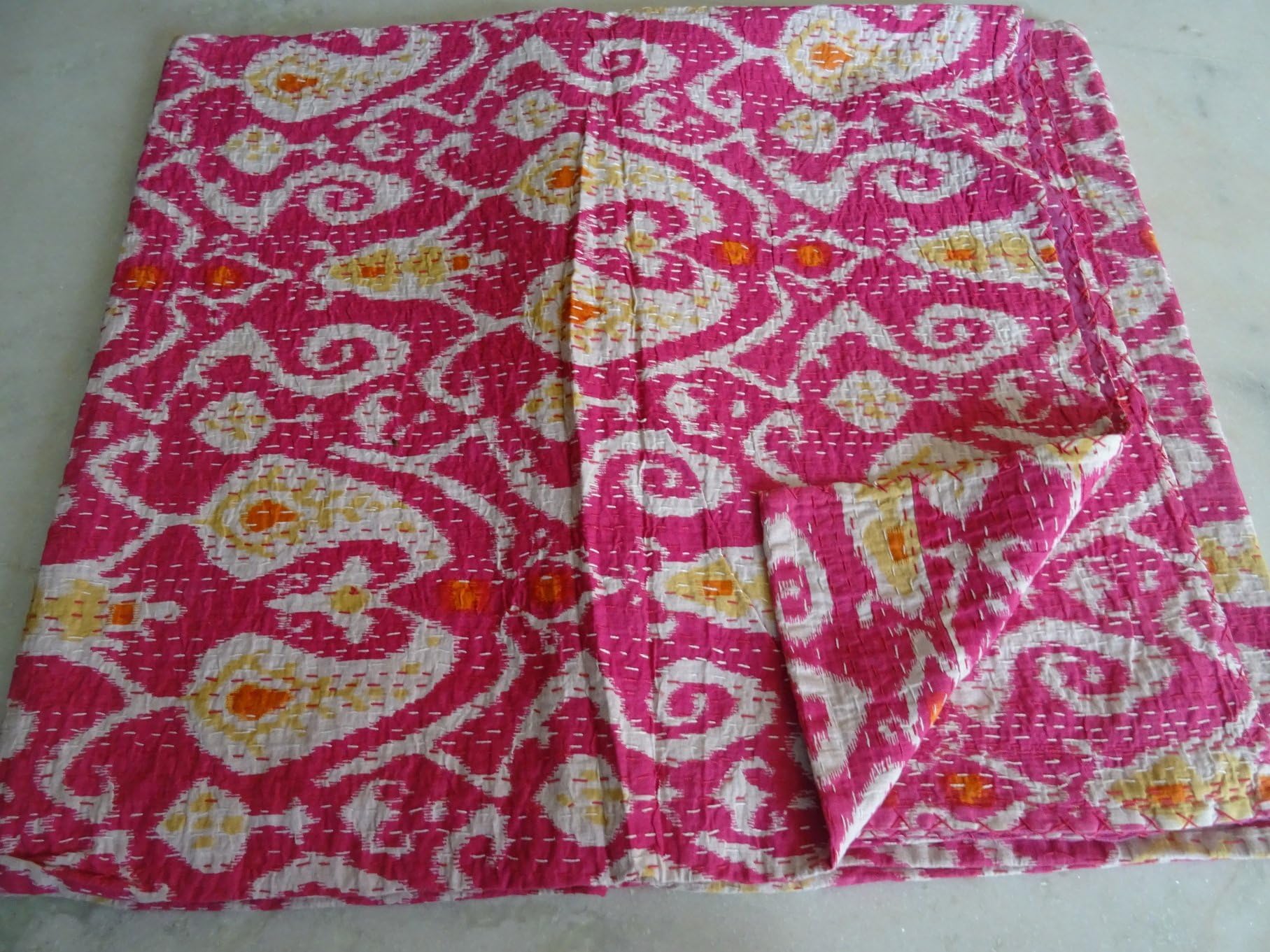 Tribal Asian Textiles Multicolor Paisley IKAT Print King Size Kantha Quilt, Kantha Blanket, Bed Cover, King Kantha bedspread, Bohemian Bedding Kantha Size 90 Inch x 108 Inch 007