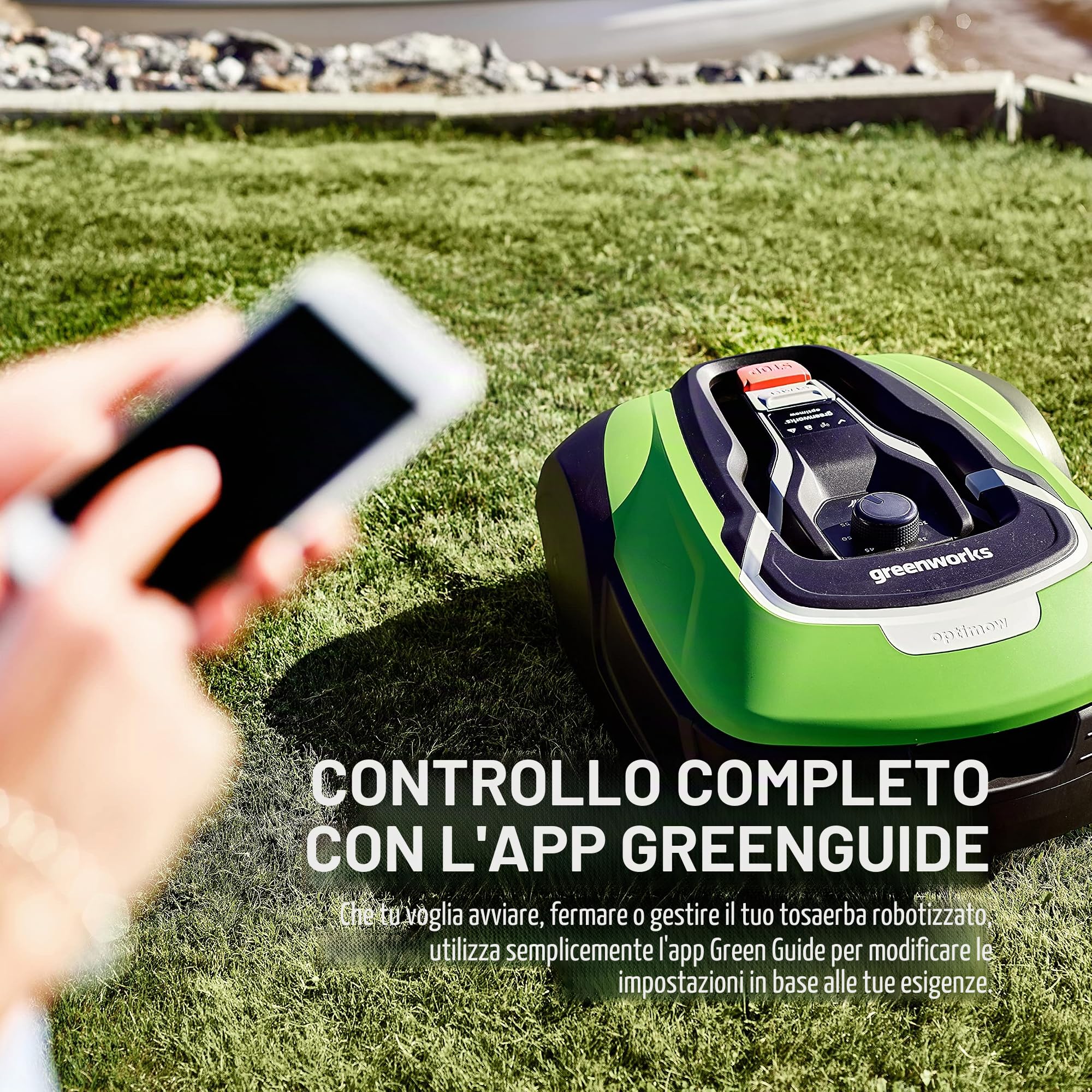 Greenworks Optimow 10 robot rasaerba per prati fino a 1000m2 e Pendenza 35%, silenzioso, Controllato 4G, funzioni di sicurezza avanzate, protetto da durto, 3 anni di garanzia