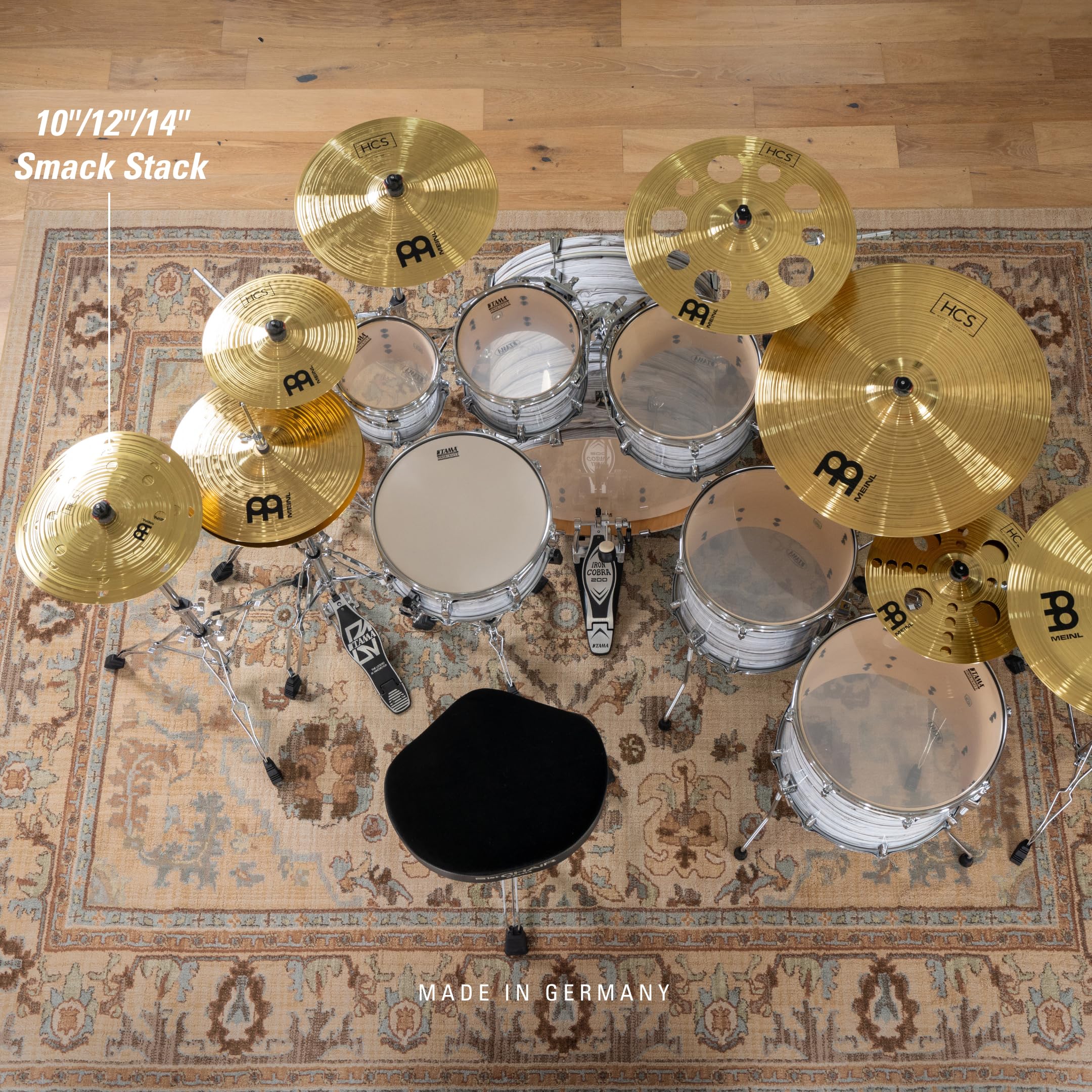 Meinl Cymbals 3-Piece Smack Stack Cymbal Pack with Holes 10", 12", 14" — HCS Traditional Finish Brass for Drum Set — Made in Germany, 2-Year Warranty (HCS024SM)
