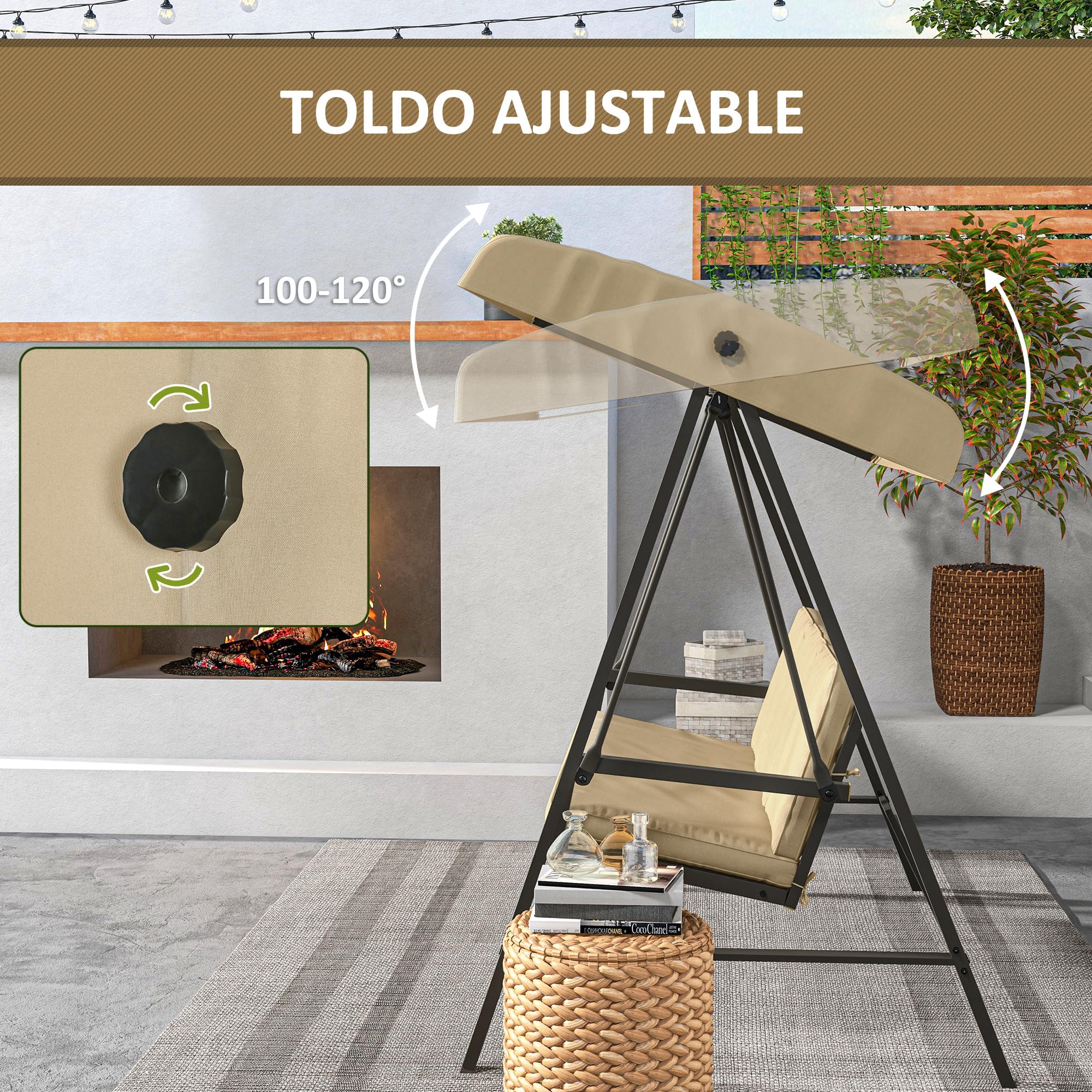 Outsunny Columpio de Jardín de 3 Plazas Balancín Exterior Jardín con Toldo Ajustable Cojines Extraíbles y Estructura de Acero Carga 360 kg 200x125x175 cm Beige
