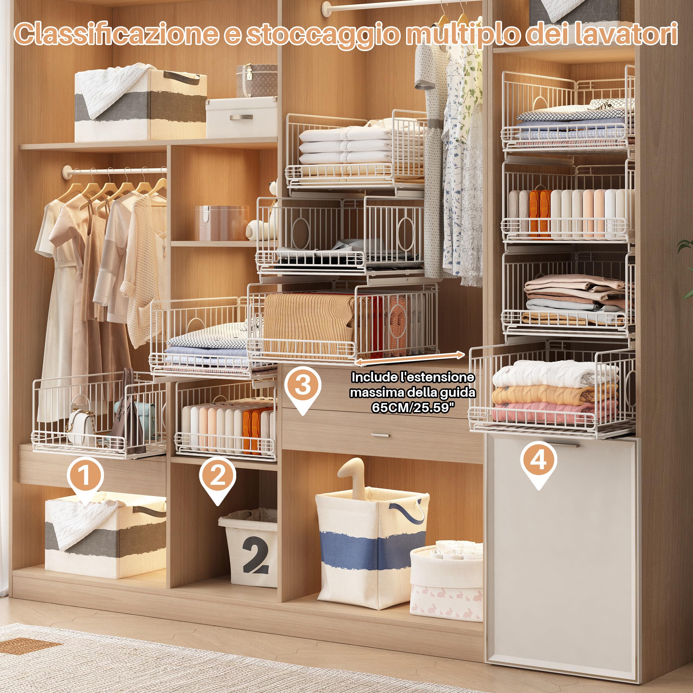 4 Pezzi Organizer per Armadio, Contenitori Impilabili | Organizer per Armadio Senza Fori, Organizer Estraibile, Cassetti per Armadio, Bianco