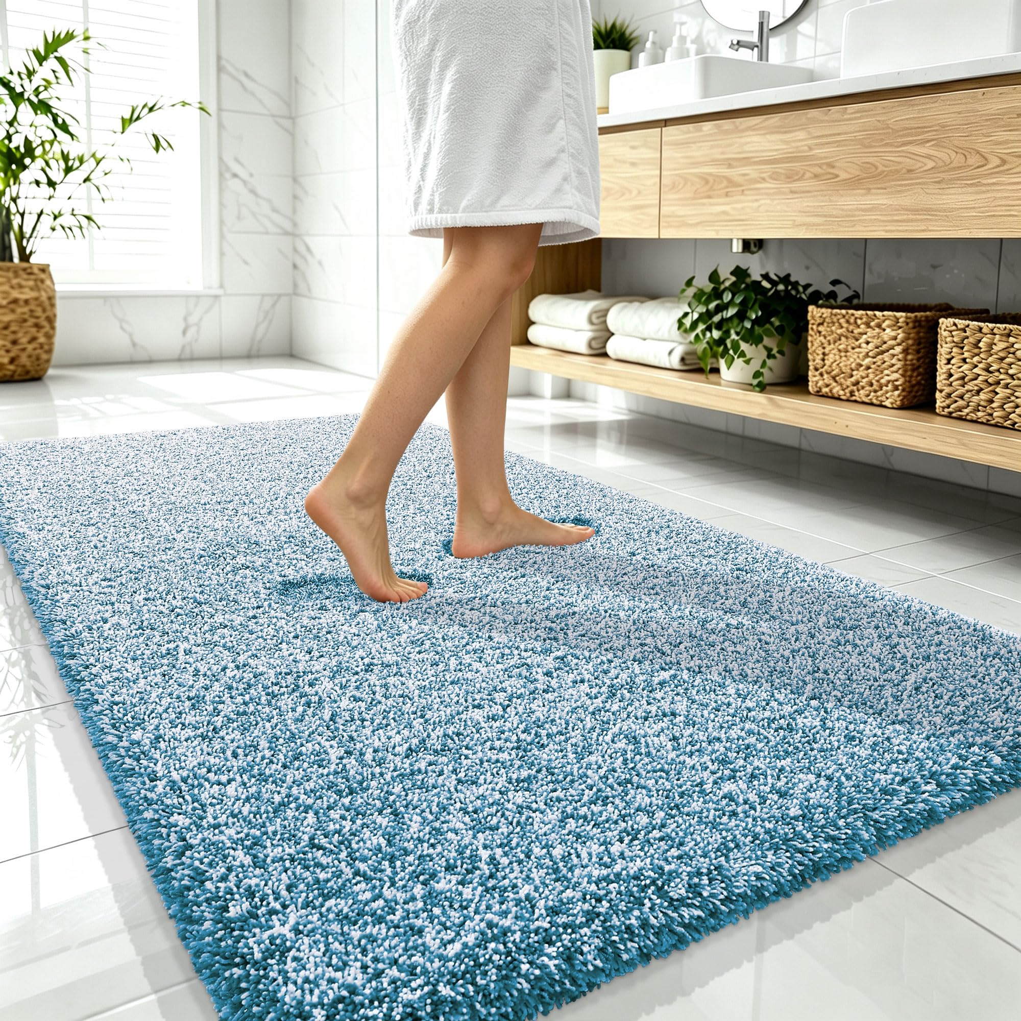 OLANLY Microfiber Soft Bathroom Rugs Mats 59x35, Peacock Blue and White