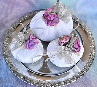 White plush velvet pumpkins | Decorative pumpkins with flowers | Set of 3 pumpkins decor | Velvet pumpkins for decoration