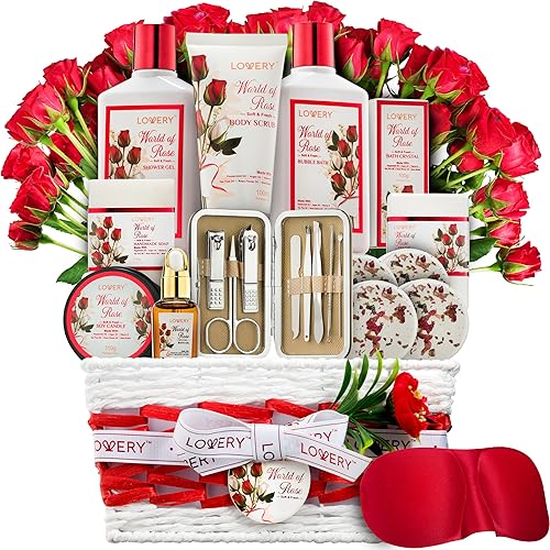 Regalos de spa para mujeres, juego de regalo de baño y cuerpo, cesta de regalo de rosa roja, kit de spa de 35 piezas para aliviar el estrés,
