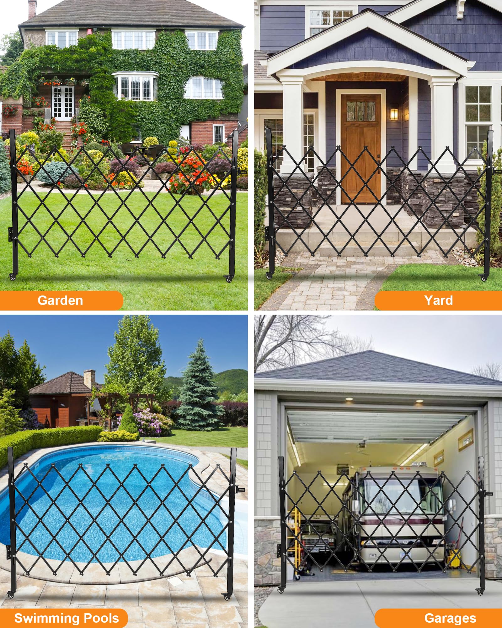 Garvee Cancello di sicurezza pieghevole a fisarmonica in alluminio estensibile - barriera anti-scavalco con ruote 360° per vialetto/garage/giardino - nero - H50 x W75 in | 2 braked wheels