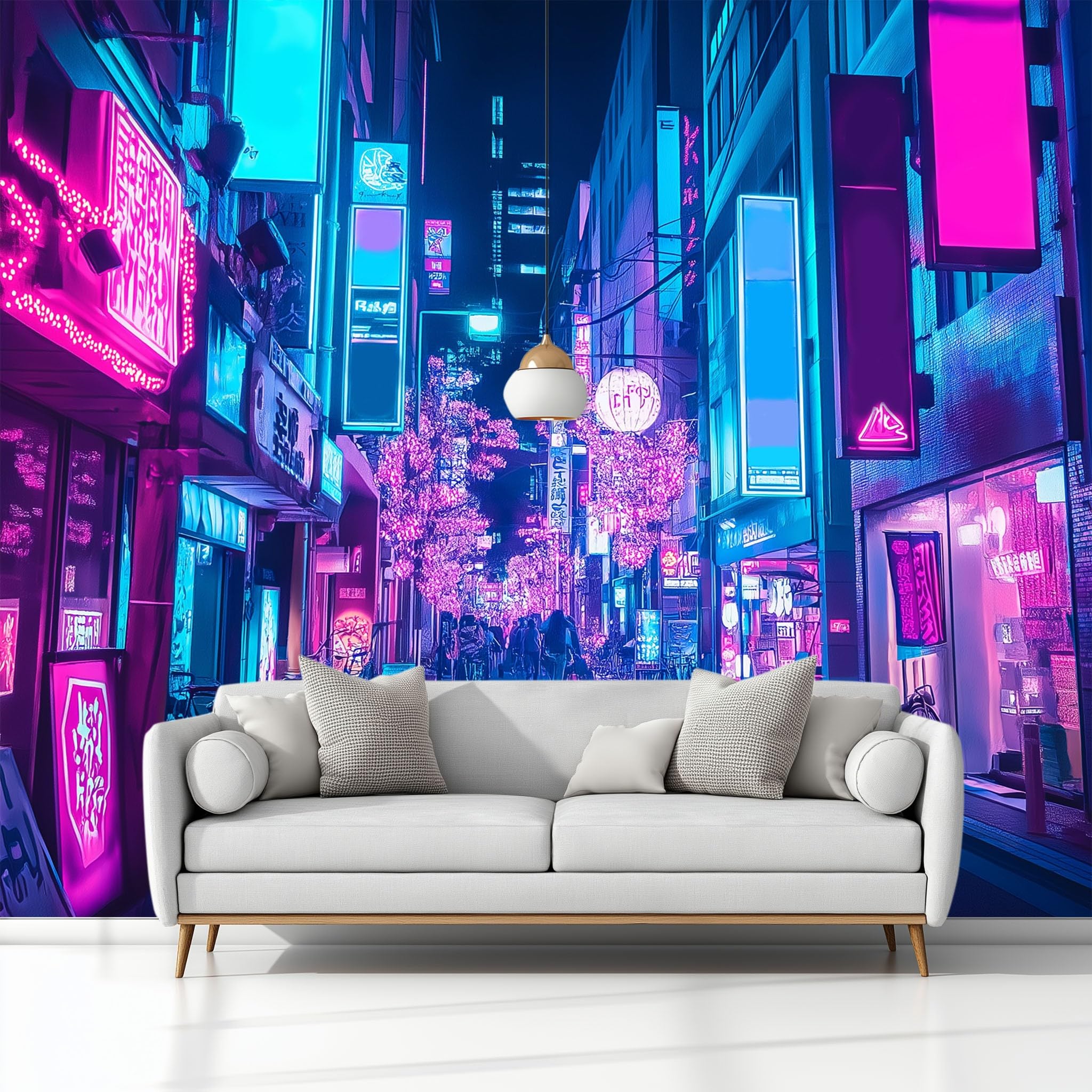 Générique Papier Peint 3D Panoramique Ville Néon Vue de Nuit Intissé Murale Tapisserie pour Salon Chambre Enfant Restaurant Couloir TV Fond Décor Mural 300 x 210 cm