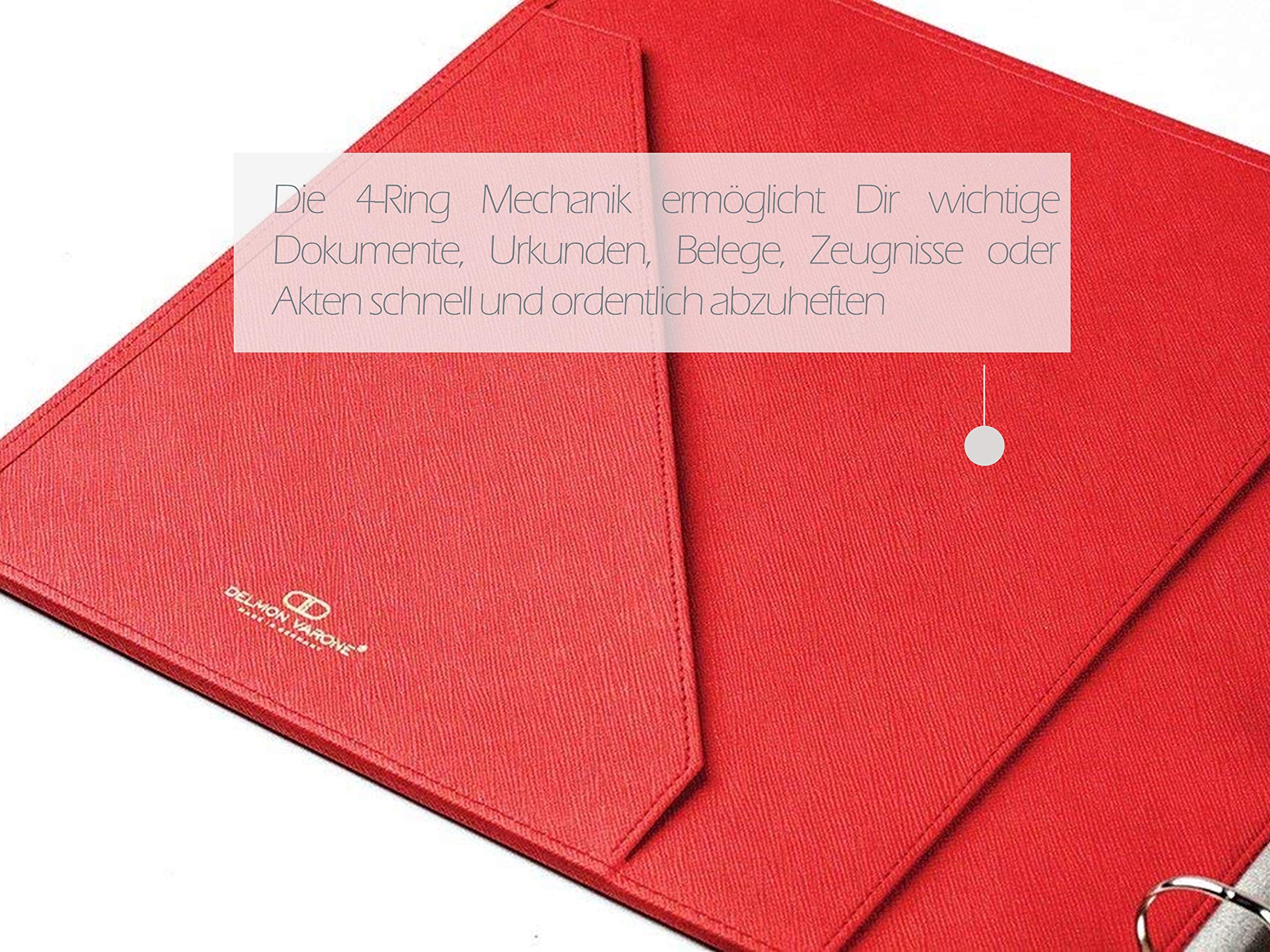 DELMON VARONE - Personalisierbare Dokumentenmappe DIN A4 aus Saffiano Lederimitat rot, Elegante Kunstleder Ringbuch Sammelmappe zum abheften von Dokumenten, Urkunden und Akten, Links mit Einsteckfach