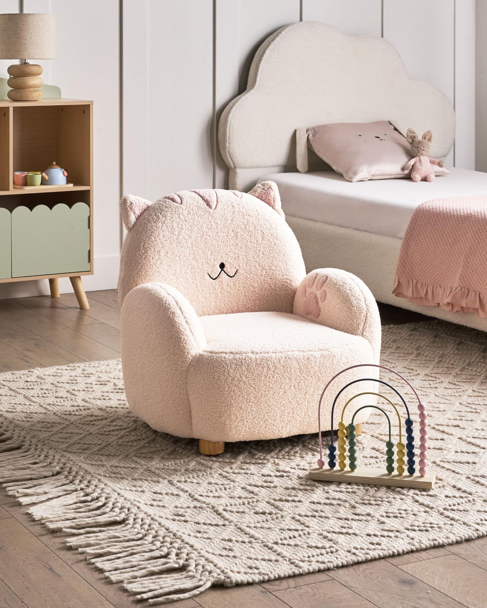 Fauteuil pour Enfants en Bouclé en Forme de Chat Rembourré Blanc Cassé Zoar