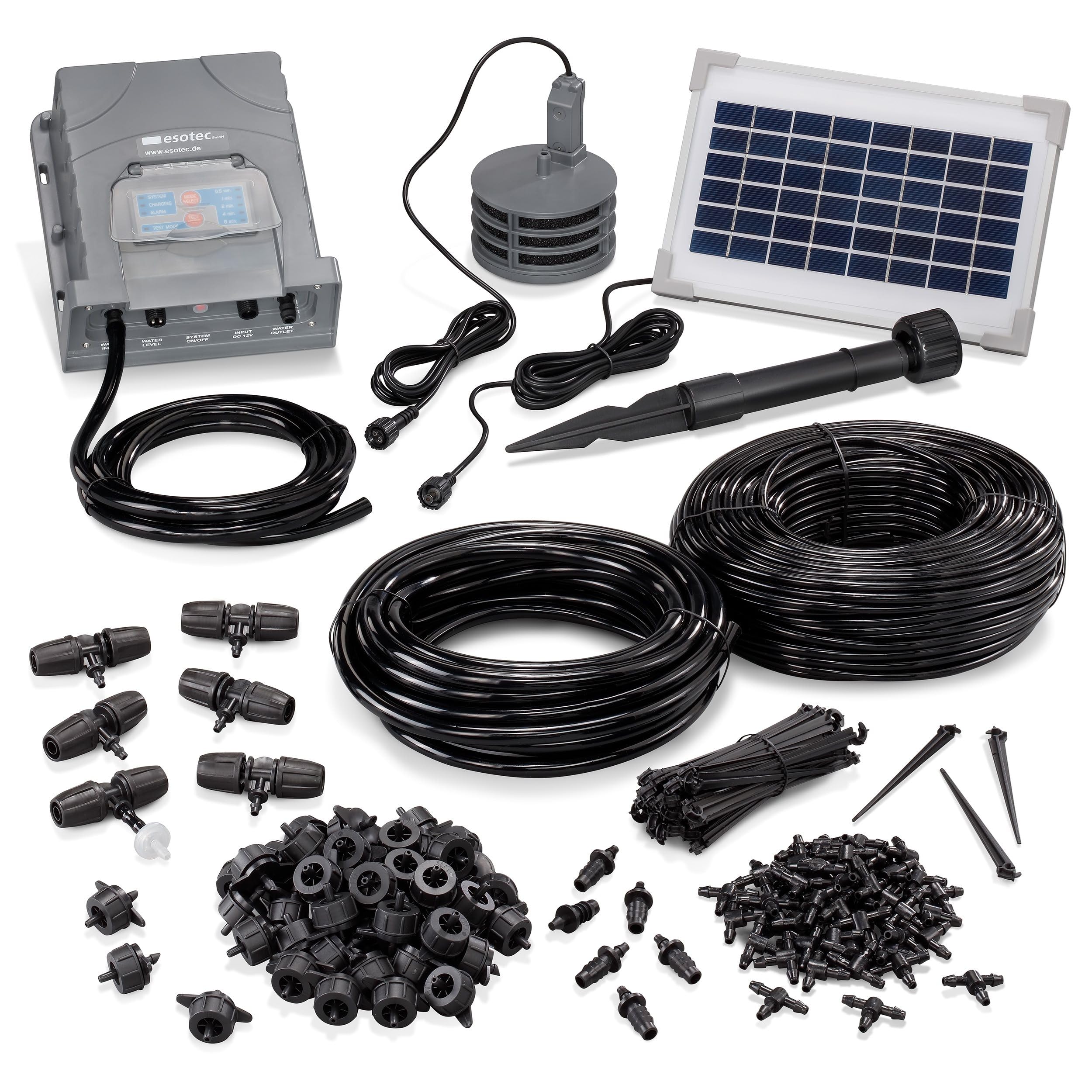 Esotec Solar Bewässerungssystem Kit Tröpfchenbewässerung Waterdrops, automatische Bewässerung für 50 Pflanzen, 48m Schlauch, mehrere Modi Outdoor 101120