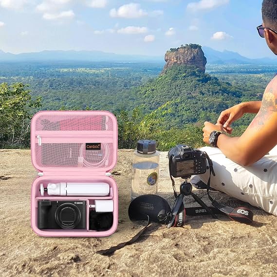 Canboc Carrying Case for Canon PowerShot V1 Hybrid Digital Camera & Accessory Kit (Flexible Tripod, Adapter and More), V1 Camera Bag with Strap, Mesh Pocket fit Cable, Battery, Battery Charger, Pink